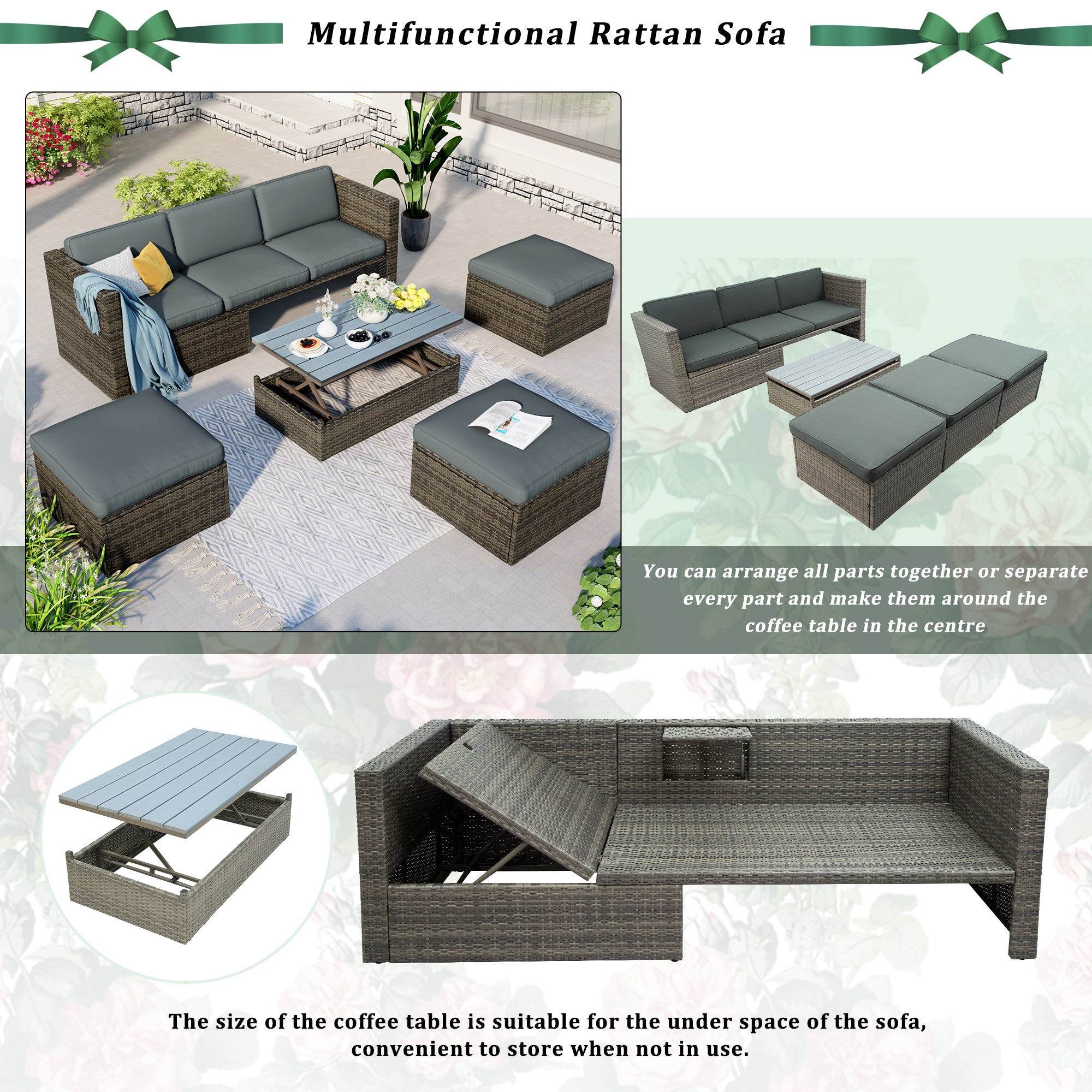 5 Piece Outdoor Rattan Patio Wicker Sofa with Adustable Backrest, Cushions, Ottomans and Lift Top Coffee Table