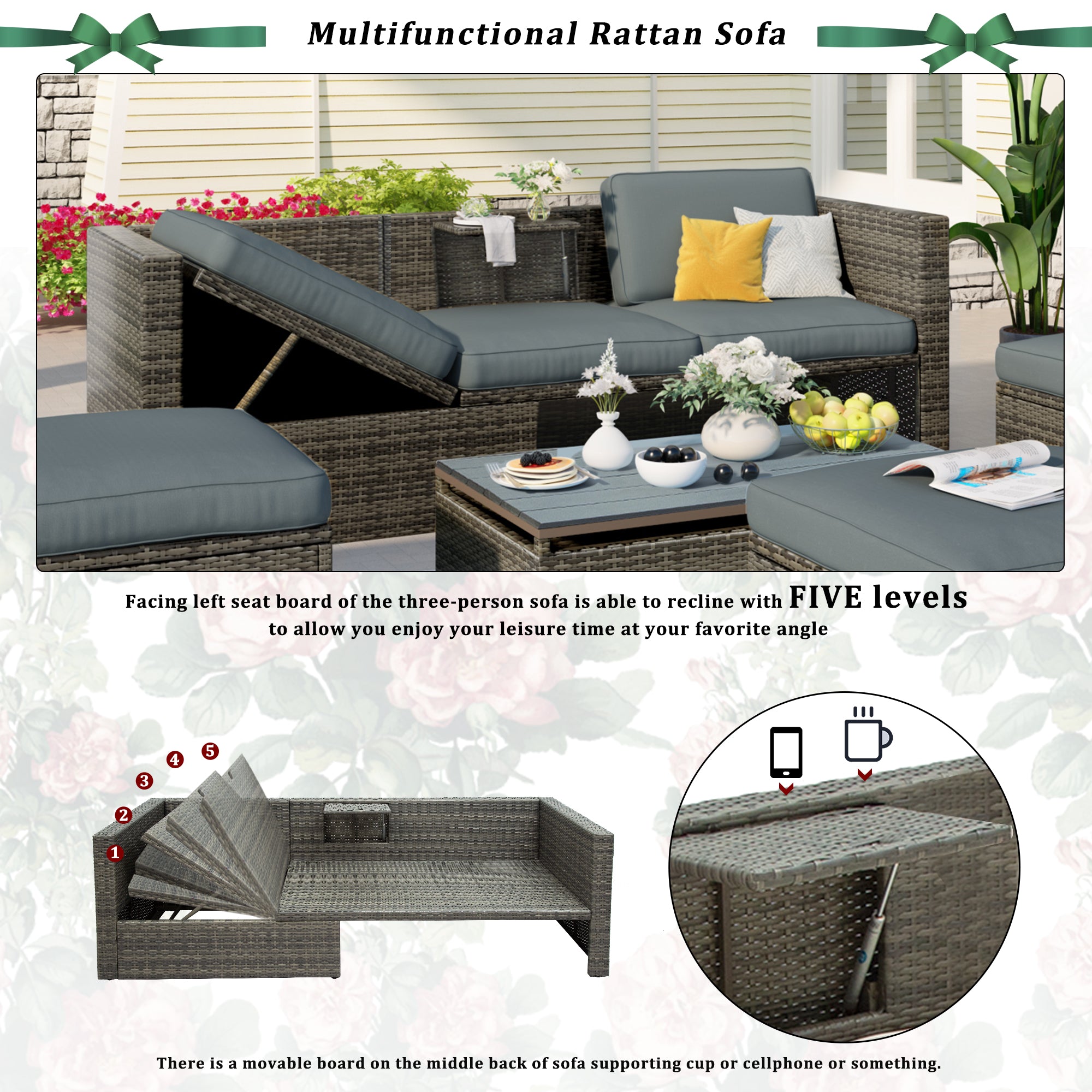 5 Piece Outdoor Rattan Patio Wicker Sofa with Adustable Backrest, Cushions, Ottomans and Lift Top Coffee Table