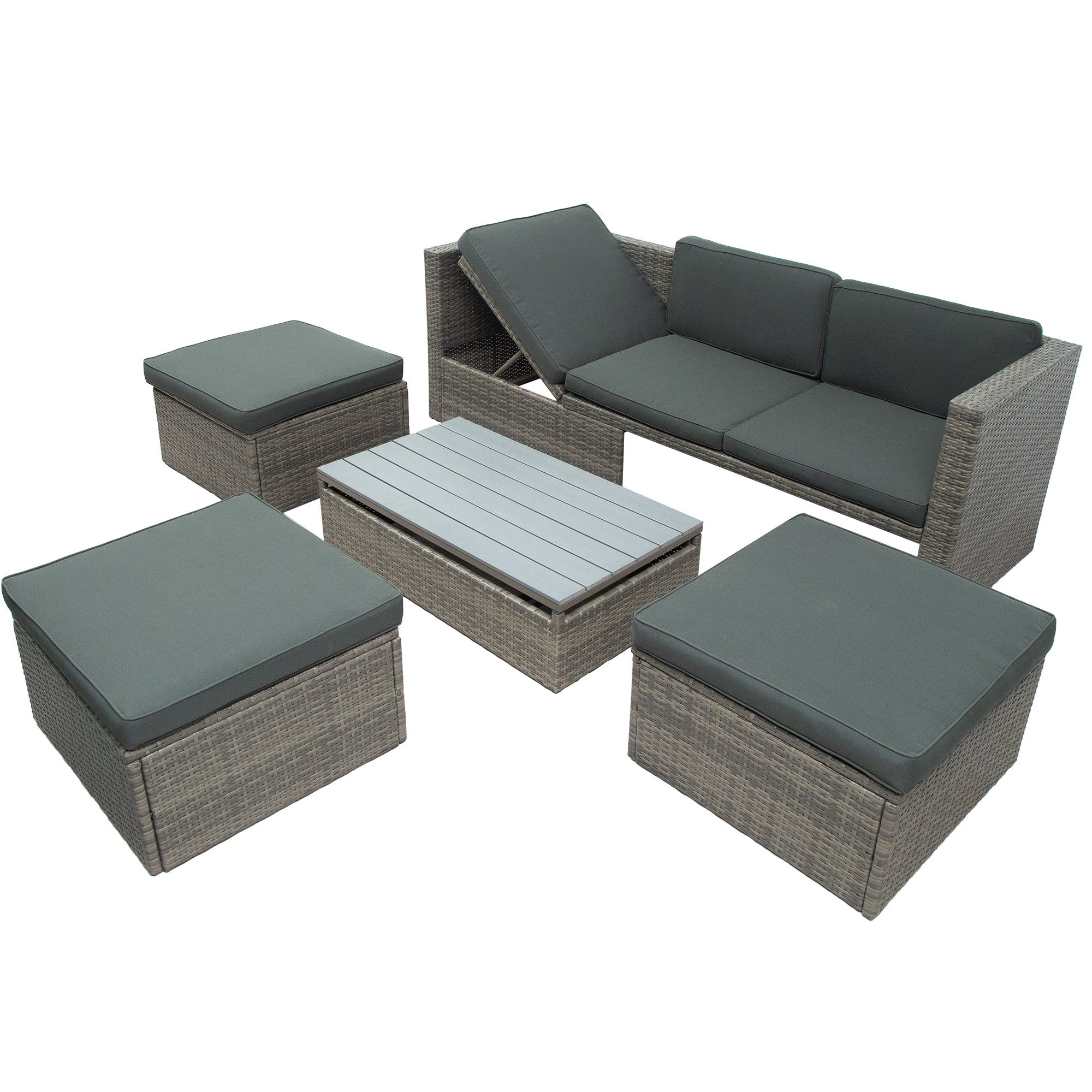 5 Piece Outdoor Rattan Patio Wicker Sofa with Adustable Backrest, Cushions, Ottomans and Lift Top Coffee Table