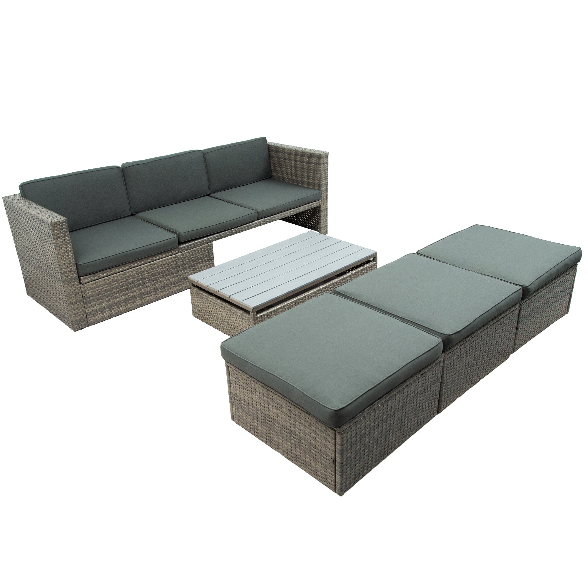 5 Piece Outdoor Rattan Patio Wicker Sofa with Adustable Backrest, Cushions, Ottomans and Lift Top Coffee Table