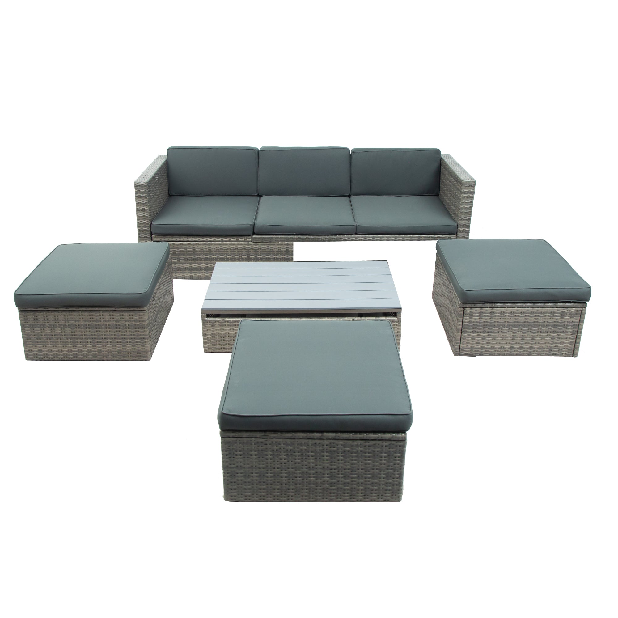 5 Piece Outdoor Rattan Patio Wicker Sofa with Adustable Backrest, Cushions, Ottomans and Lift Top Coffee Table