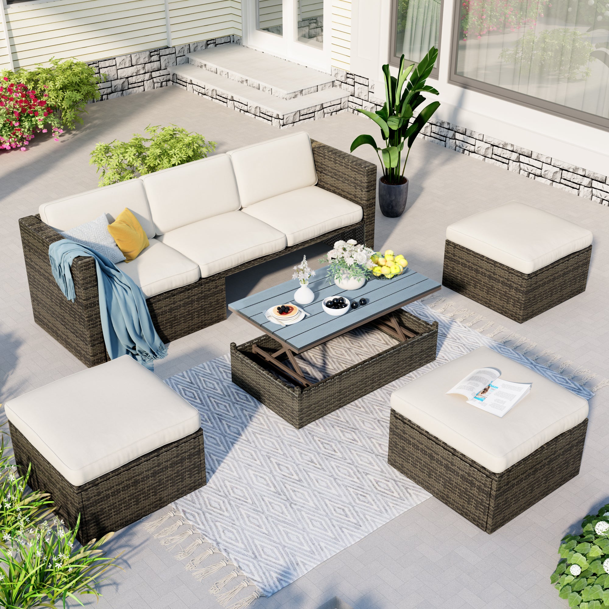 5 Piece Outdoor Rattan Patio Wicker Sofa with Adustable Backrest, Cushions, Ottomans and Lift Top Coffee Table