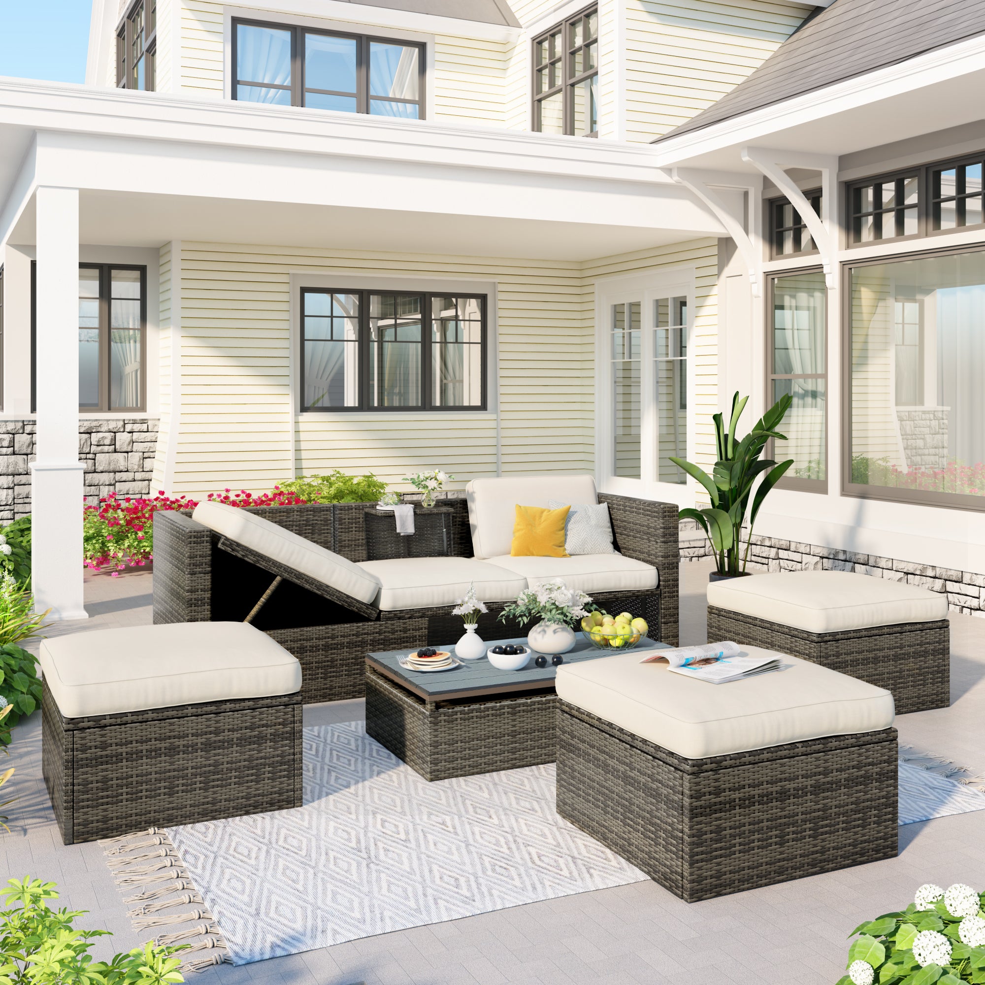 5 Piece Outdoor Rattan Patio Wicker Sofa with Adustable Backrest, Cushions, Ottomans and Lift Top Coffee Table