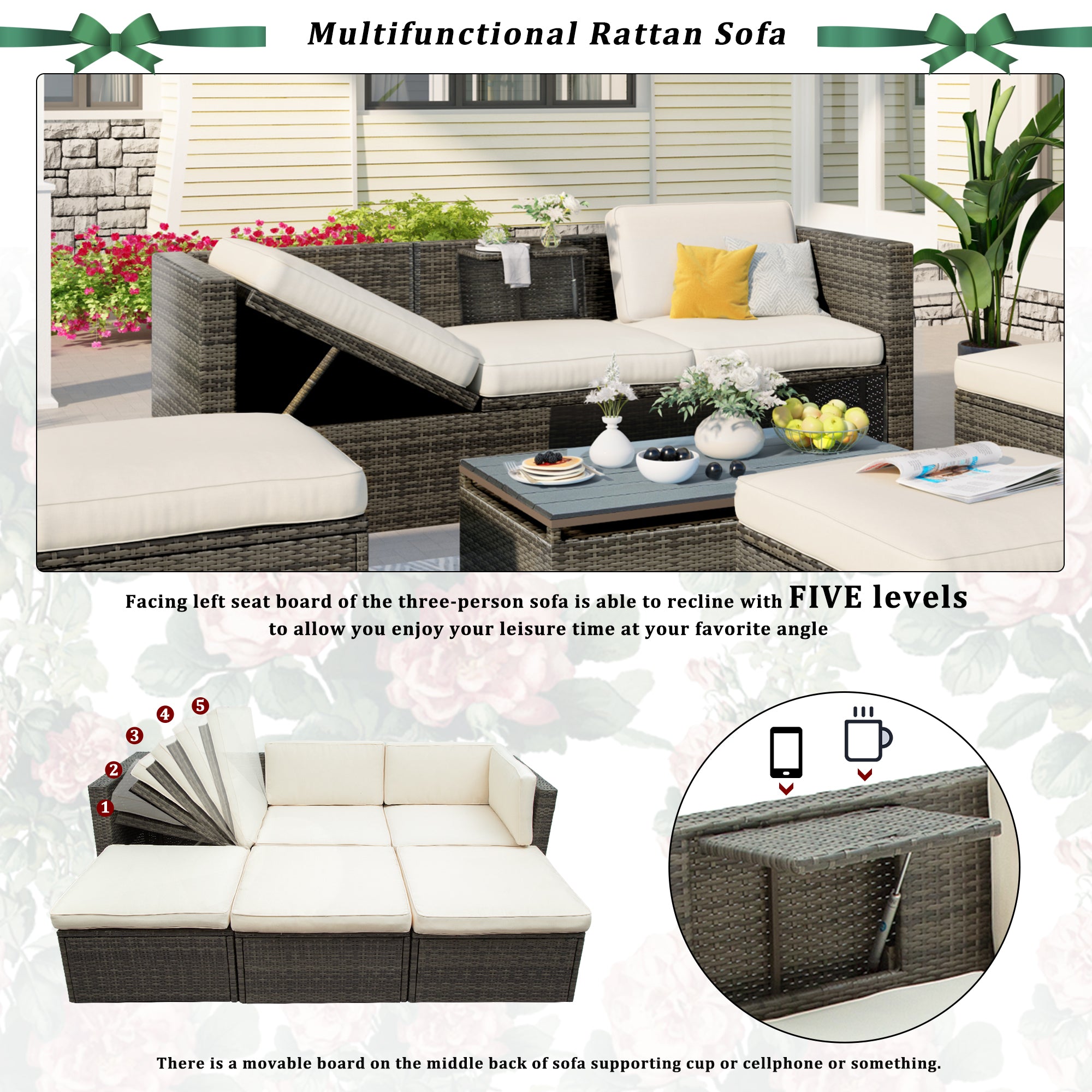 5 Piece Outdoor Rattan Patio Wicker Sofa with Adustable Backrest, Cushions, Ottomans and Lift Top Coffee Table