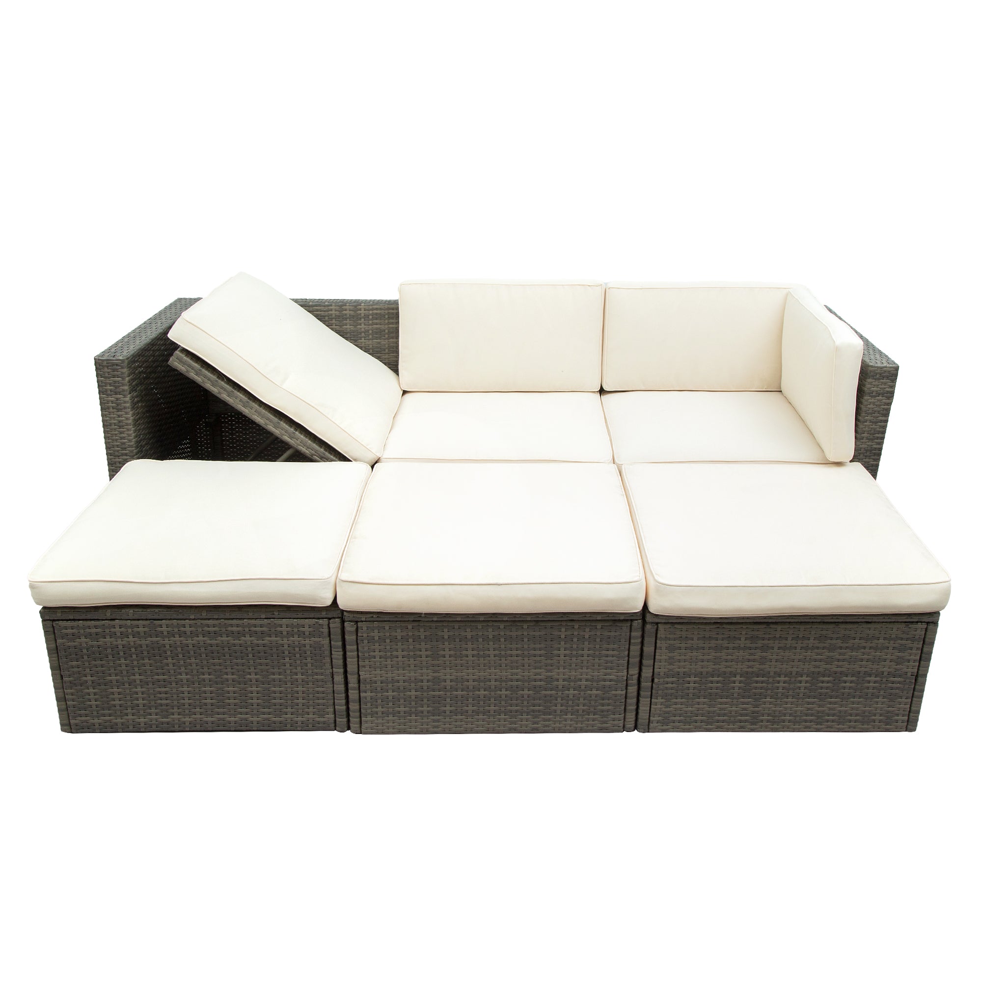 5 Piece Outdoor Rattan Patio Wicker Sofa with Adustable Backrest, Cushions, Ottomans and Lift Top Coffee Table