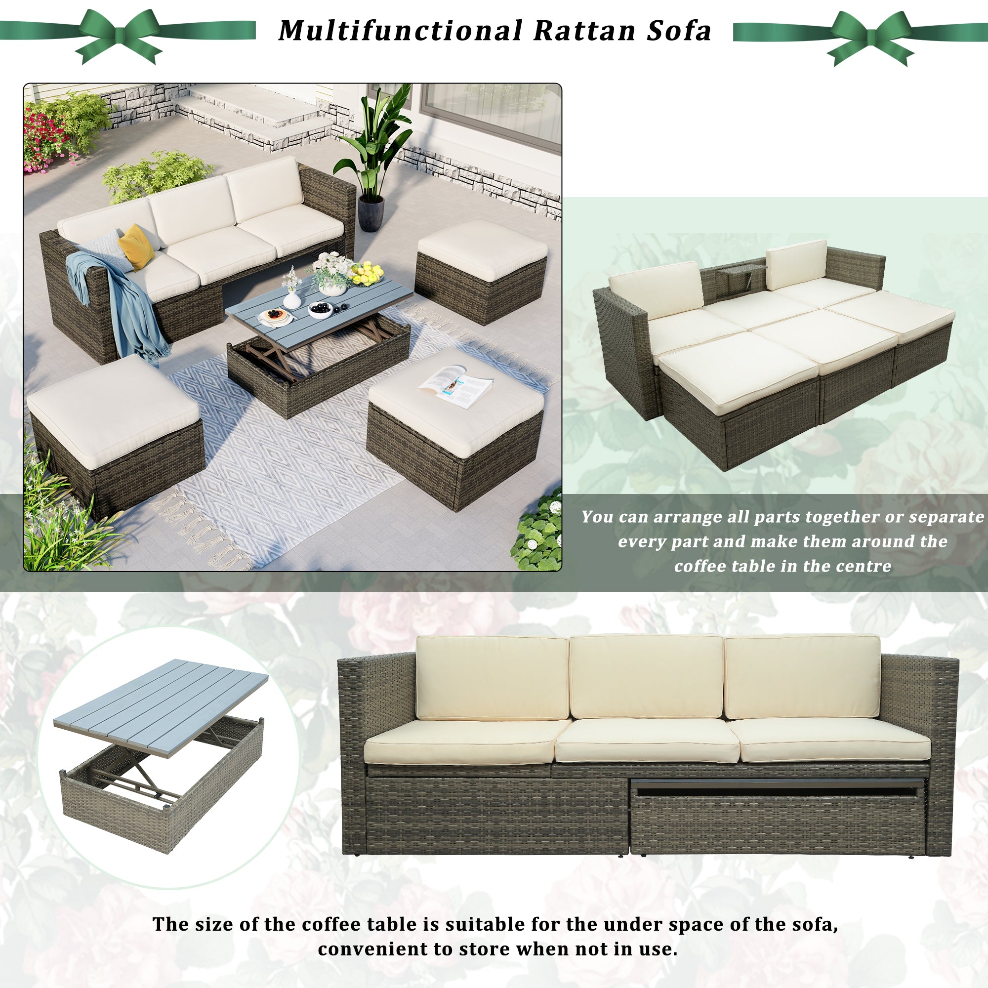 5 Piece Outdoor Rattan Patio Wicker Sofa with Adustable Backrest, Cushions, Ottomans and Lift Top Coffee Table