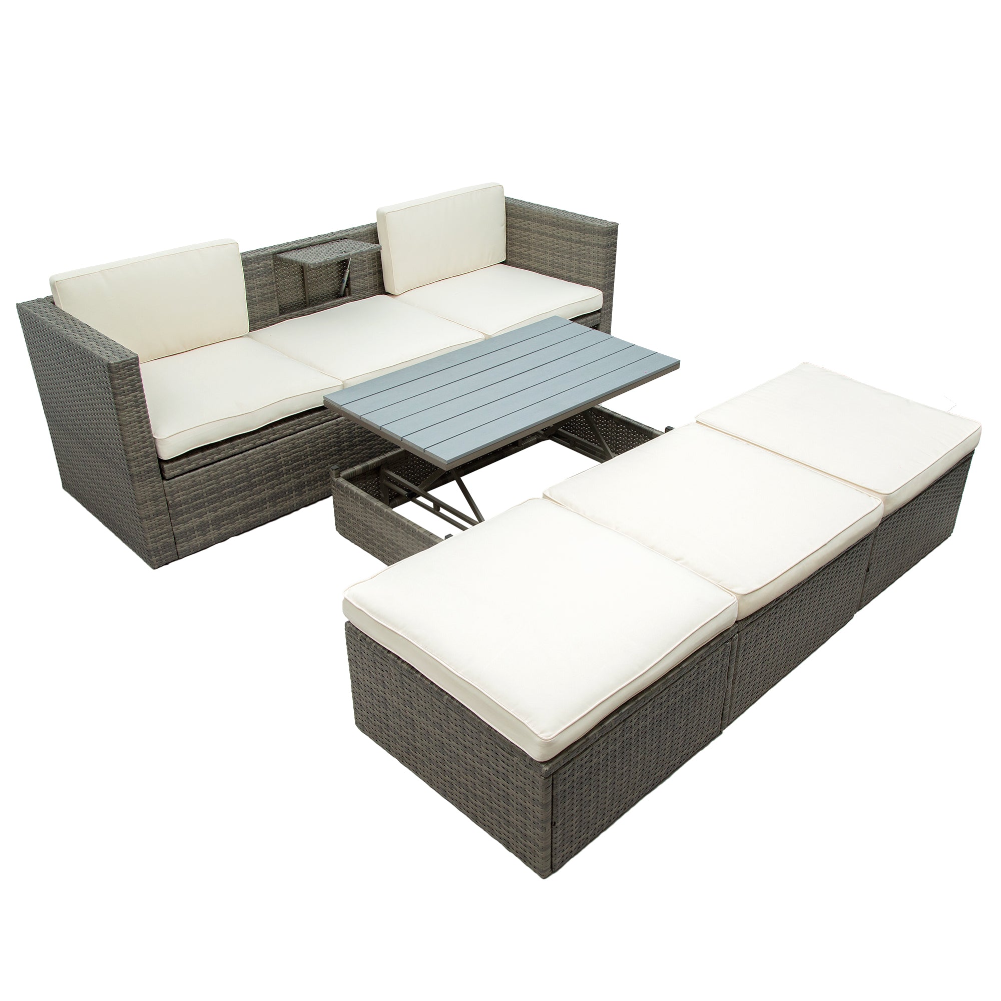 5 Piece Outdoor Rattan Patio Wicker Sofa with Adustable Backrest, Cushions, Ottomans and Lift Top Coffee Table