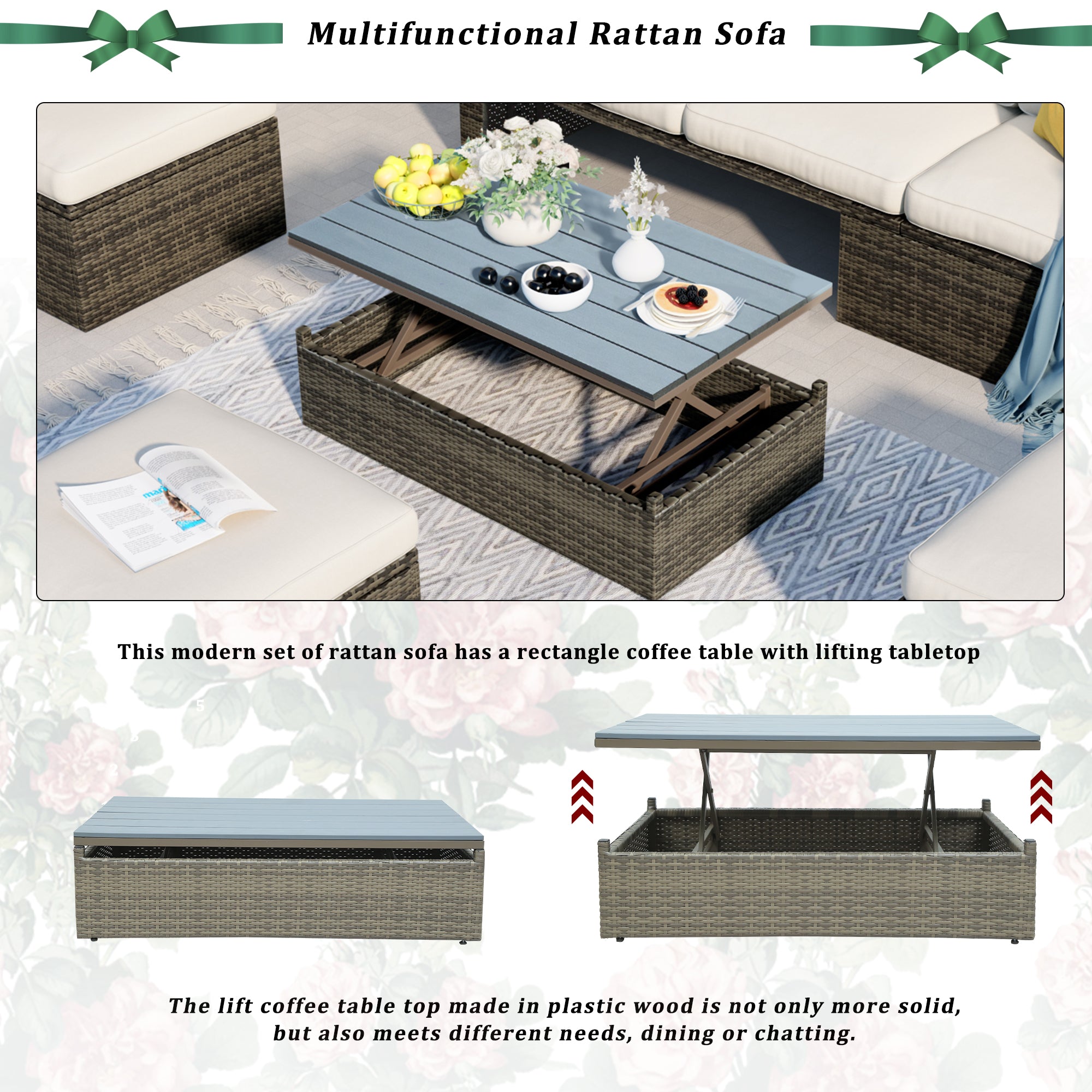 5 Piece Outdoor Rattan Patio Wicker Sofa with Adustable Backrest, Cushions, Ottomans and Lift Top Coffee Table