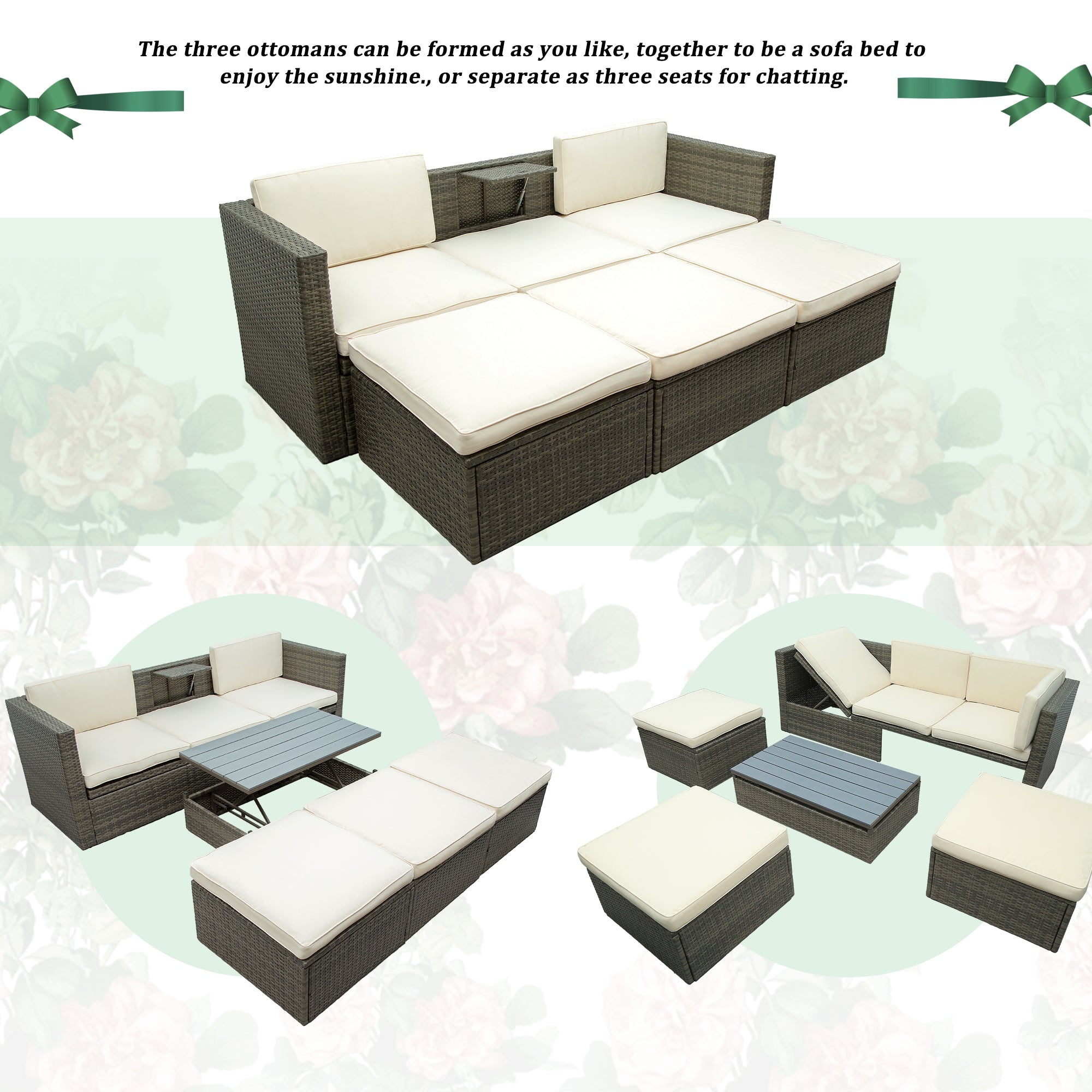 5 Piece Outdoor Rattan Patio Wicker Sofa with Adustable Backrest, Cushions, Ottomans and Lift Top Coffee Table