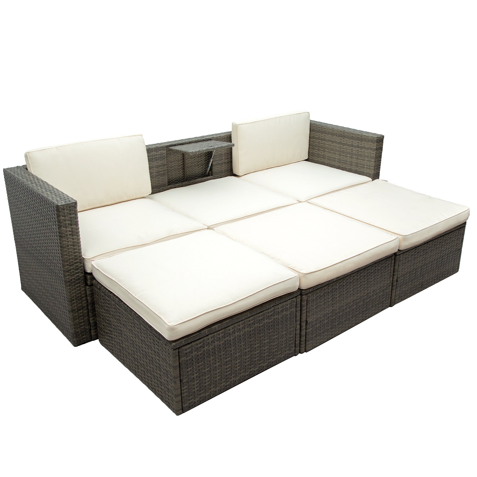 5 Piece Outdoor Rattan Patio Wicker Sofa with Adustable Backrest, Cushions, Ottomans and Lift Top Coffee Table