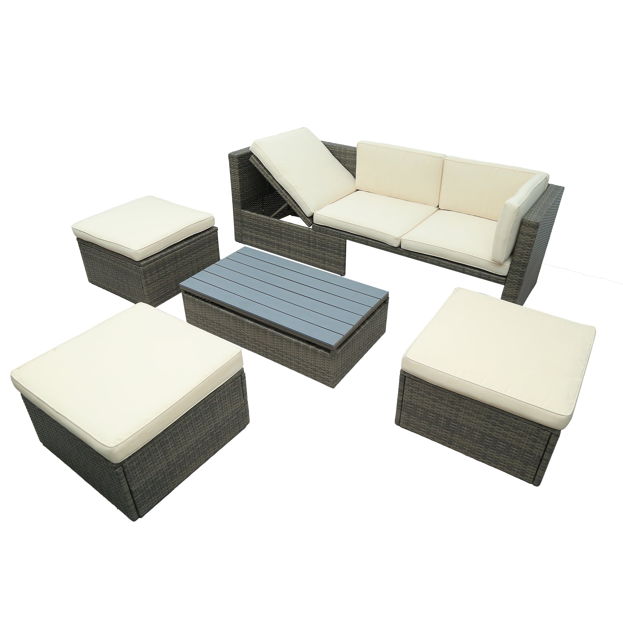 5 Piece Outdoor Rattan Patio Wicker Sofa with Adustable Backrest, Cushions, Ottomans and Lift Top Coffee Table