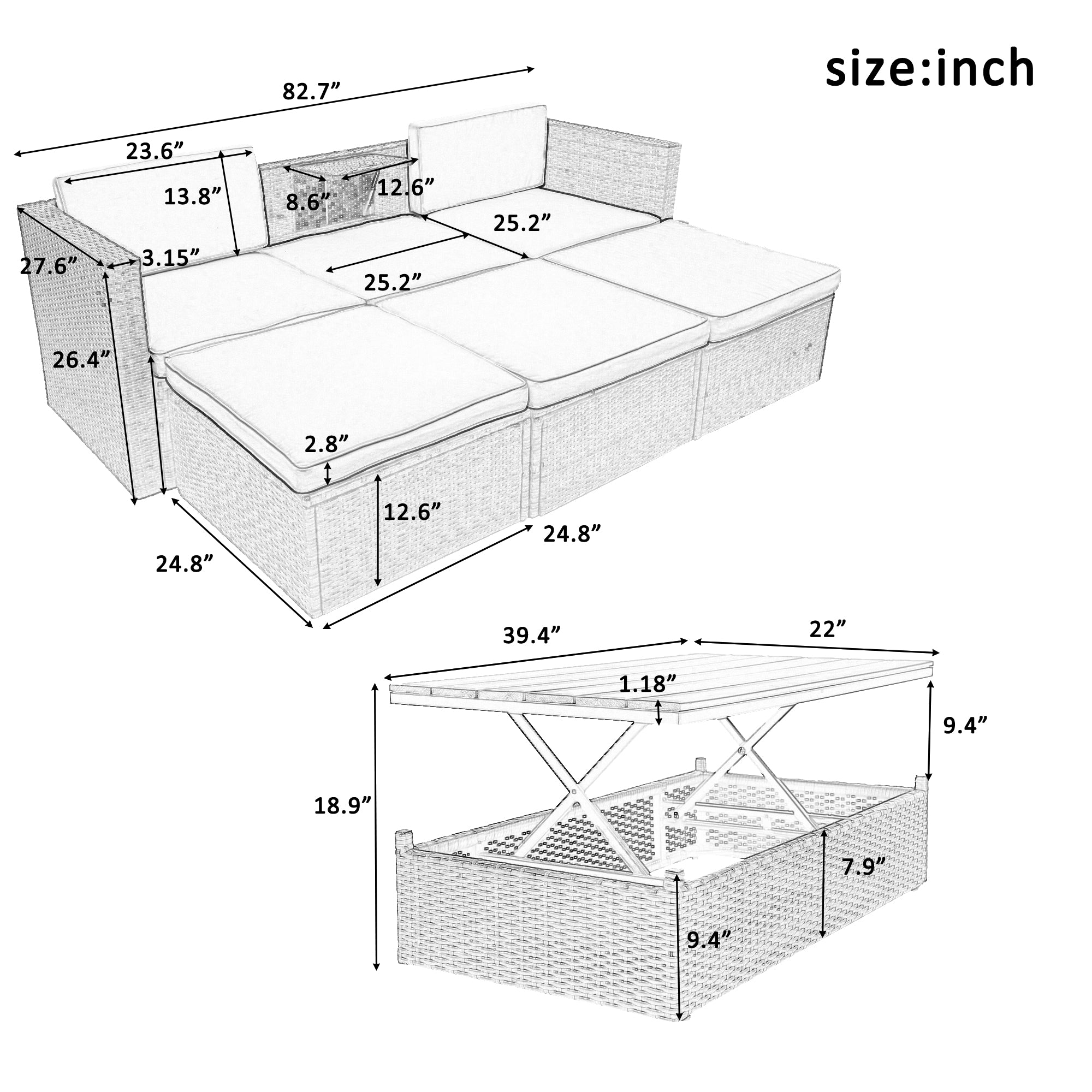 5 Piece Outdoor Rattan Patio Wicker Sofa with Adustable Backrest, Cushions, Ottomans and Lift Top Coffee Table