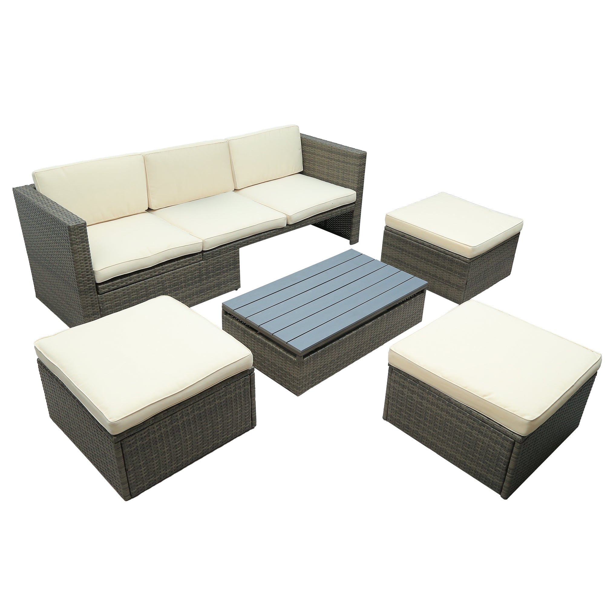 5 Piece Outdoor Rattan Patio Wicker Sofa with Adustable Backrest, Cushions, Ottomans and Lift Top Coffee Table