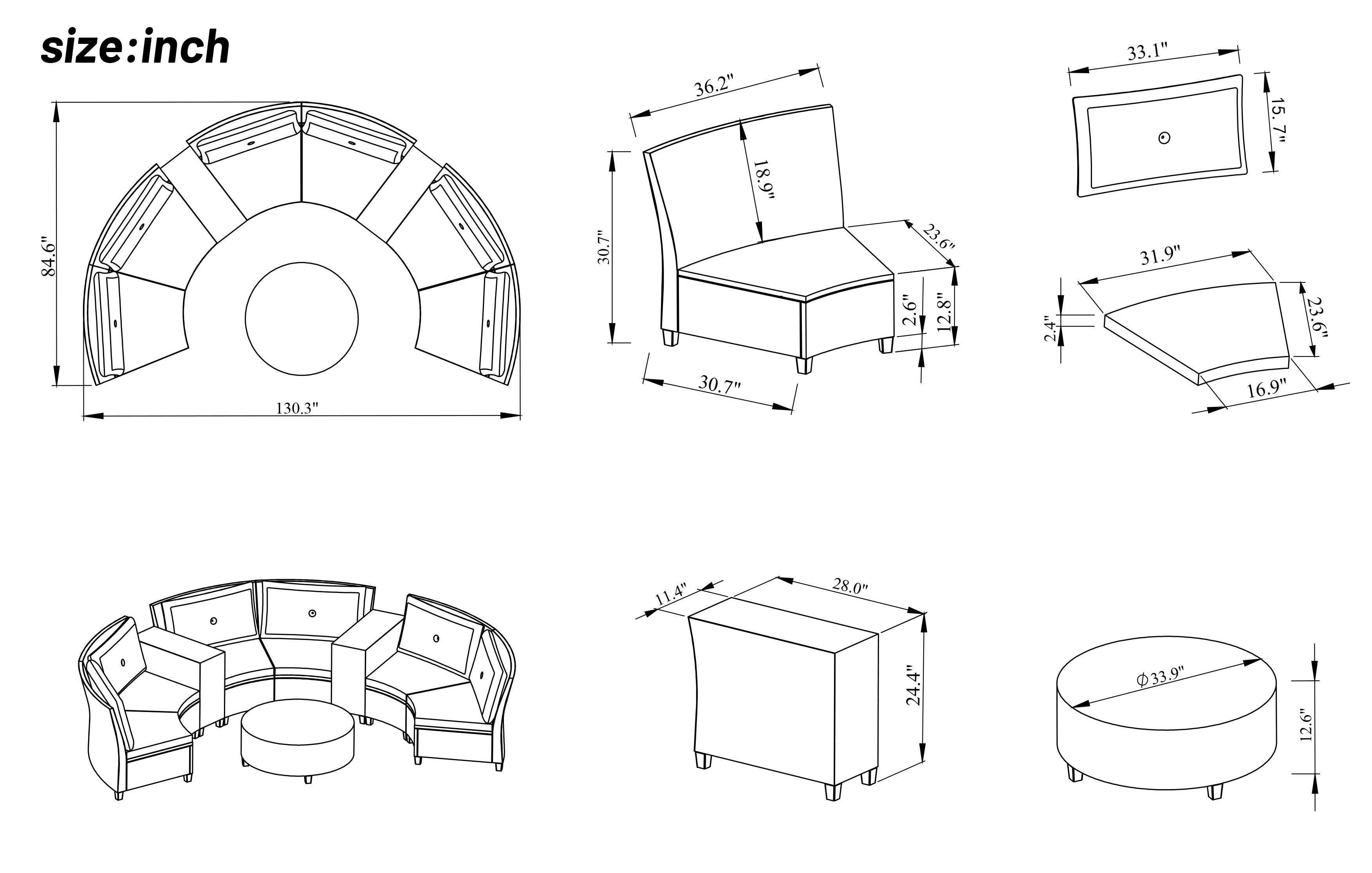 6 Piece Outdoor Fan-shaped Rattan Suit Combination with Cushions and Table