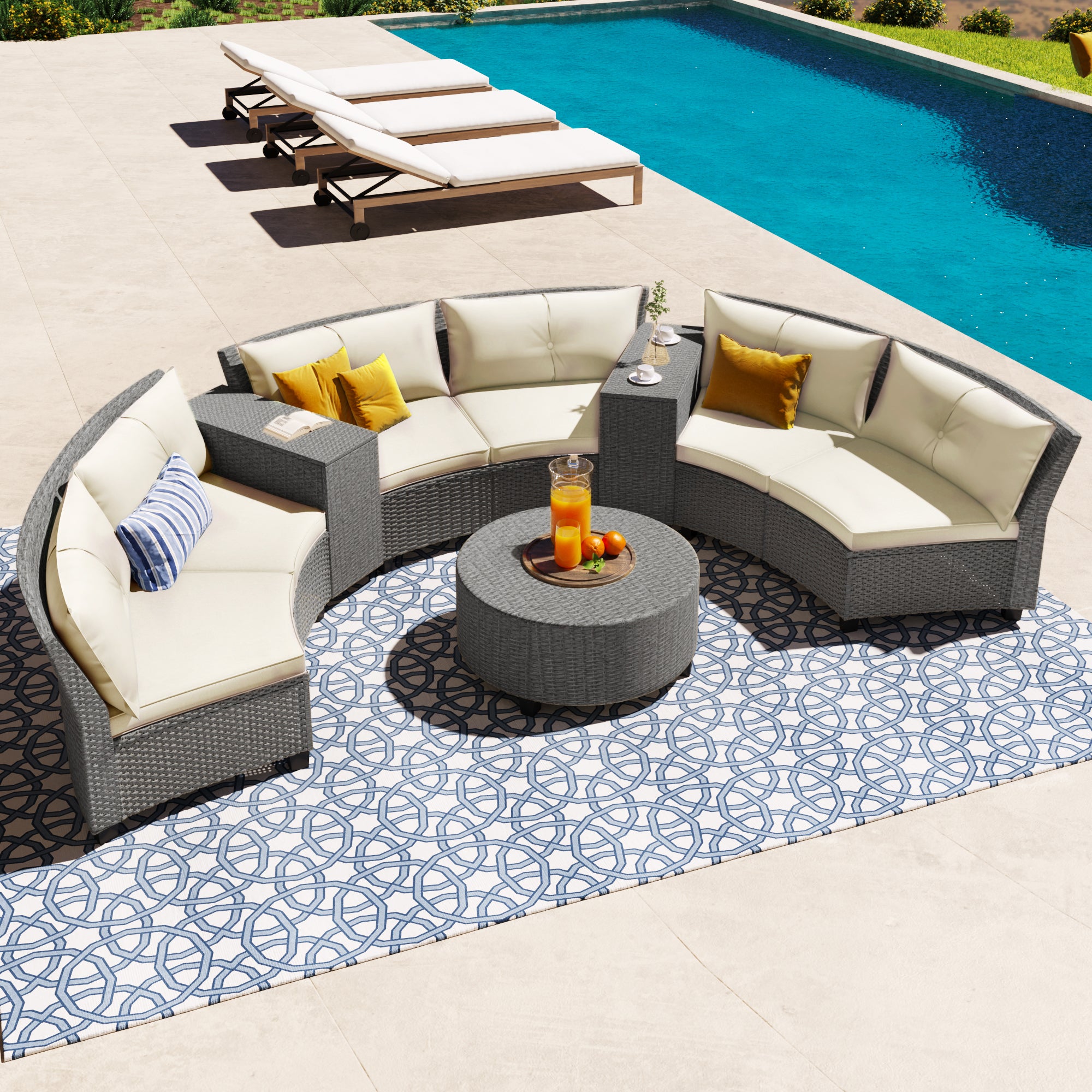 6 Piece Outdoor Fan-shaped Rattan Suit Combination with Cushions and Table