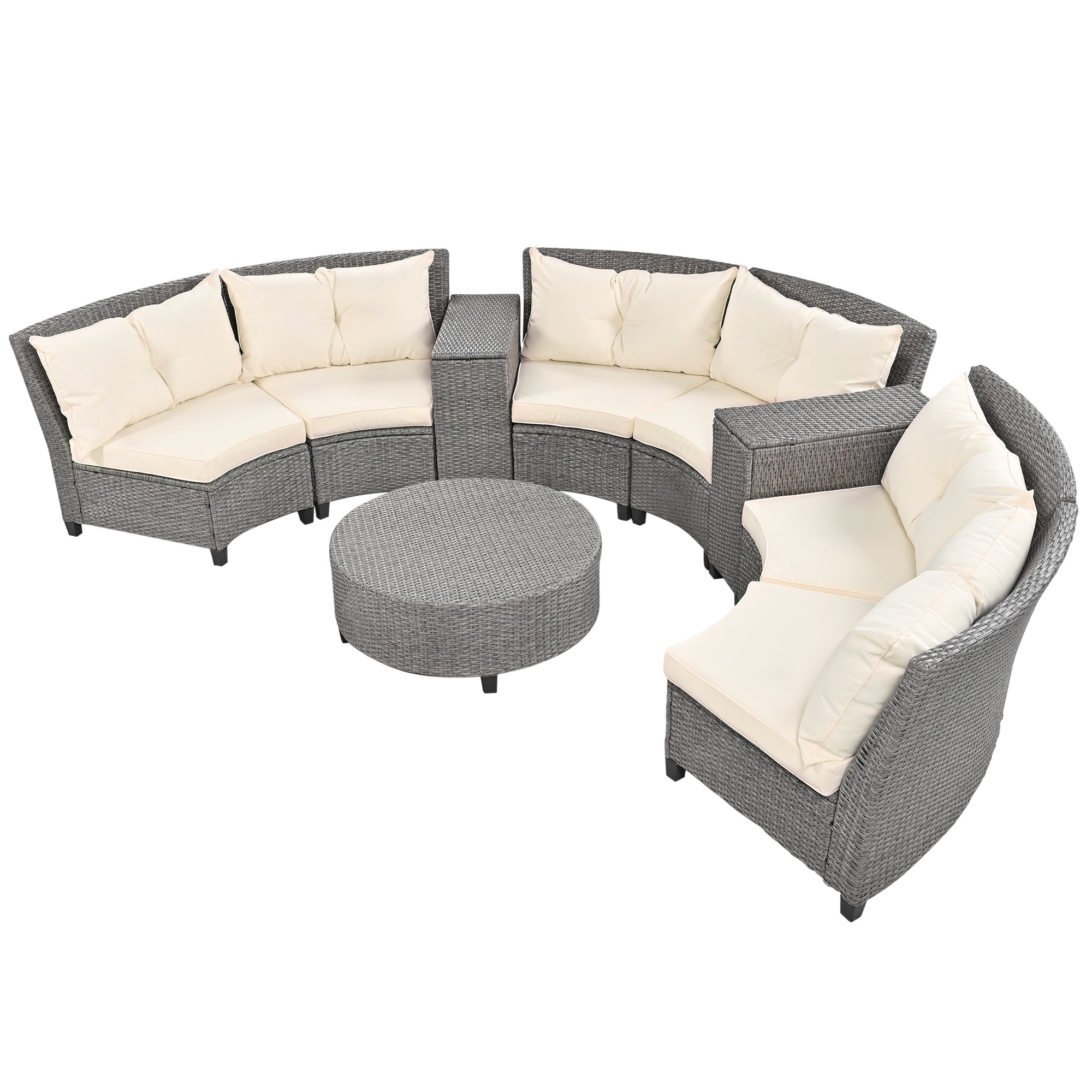 6 Piece Outdoor Fan-shaped Rattan Suit Combination with Cushions and Table