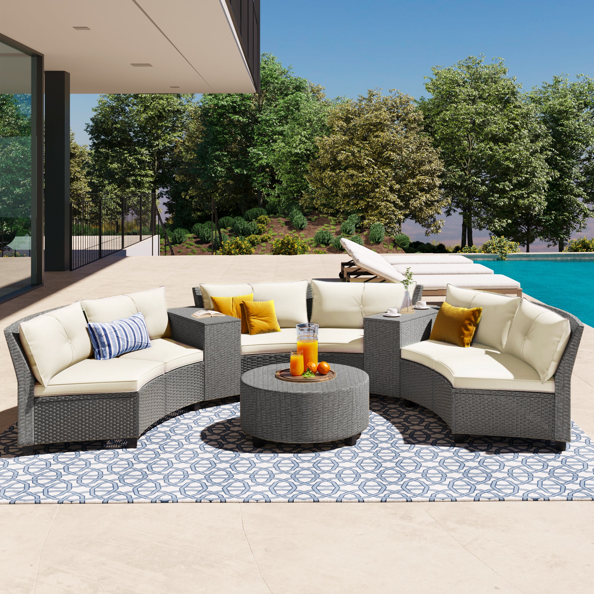 6 Piece Outdoor Fan-shaped Rattan Suit Combination with Cushions and Table