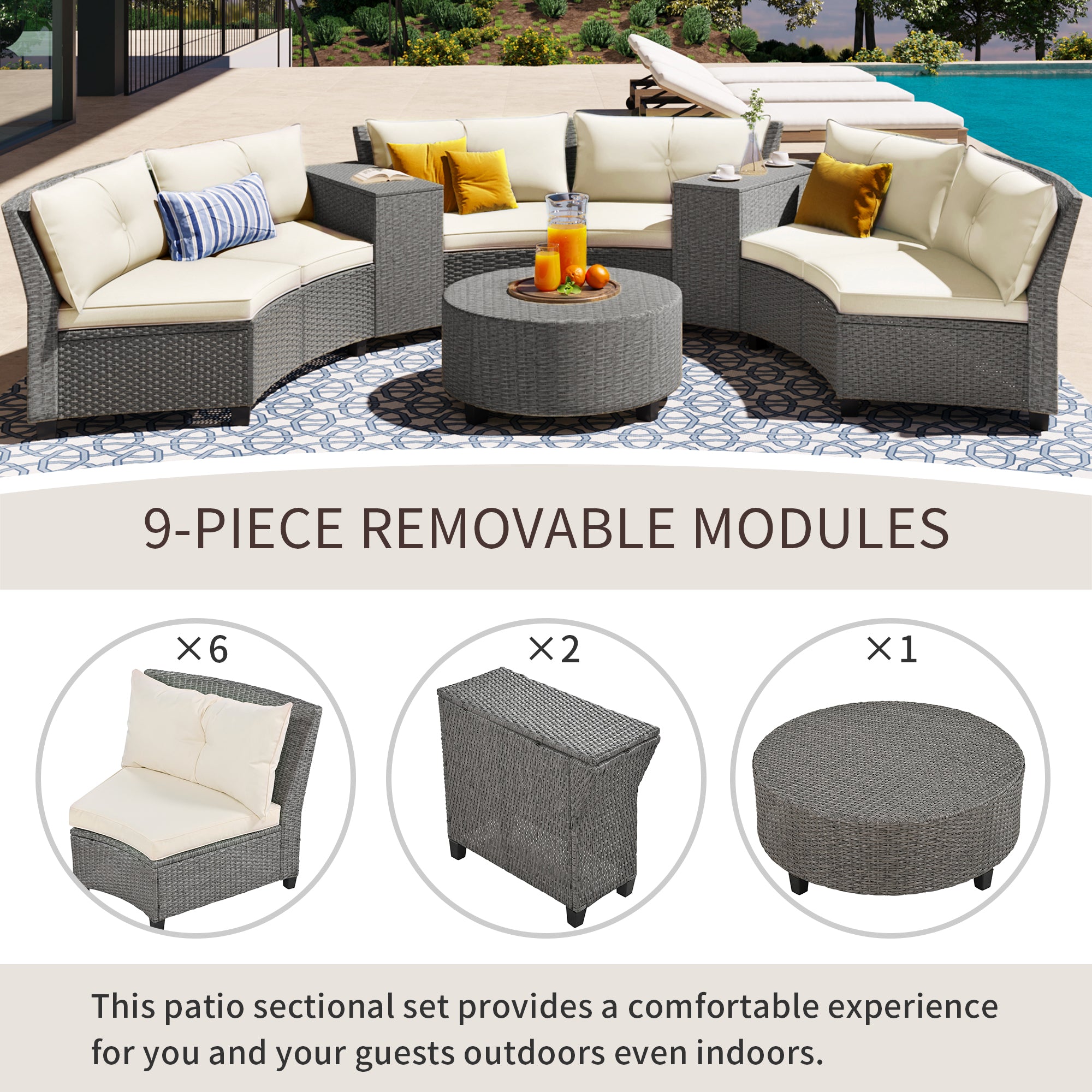 6 Piece Outdoor Fan-shaped Rattan Suit Combination with Cushions and Table
