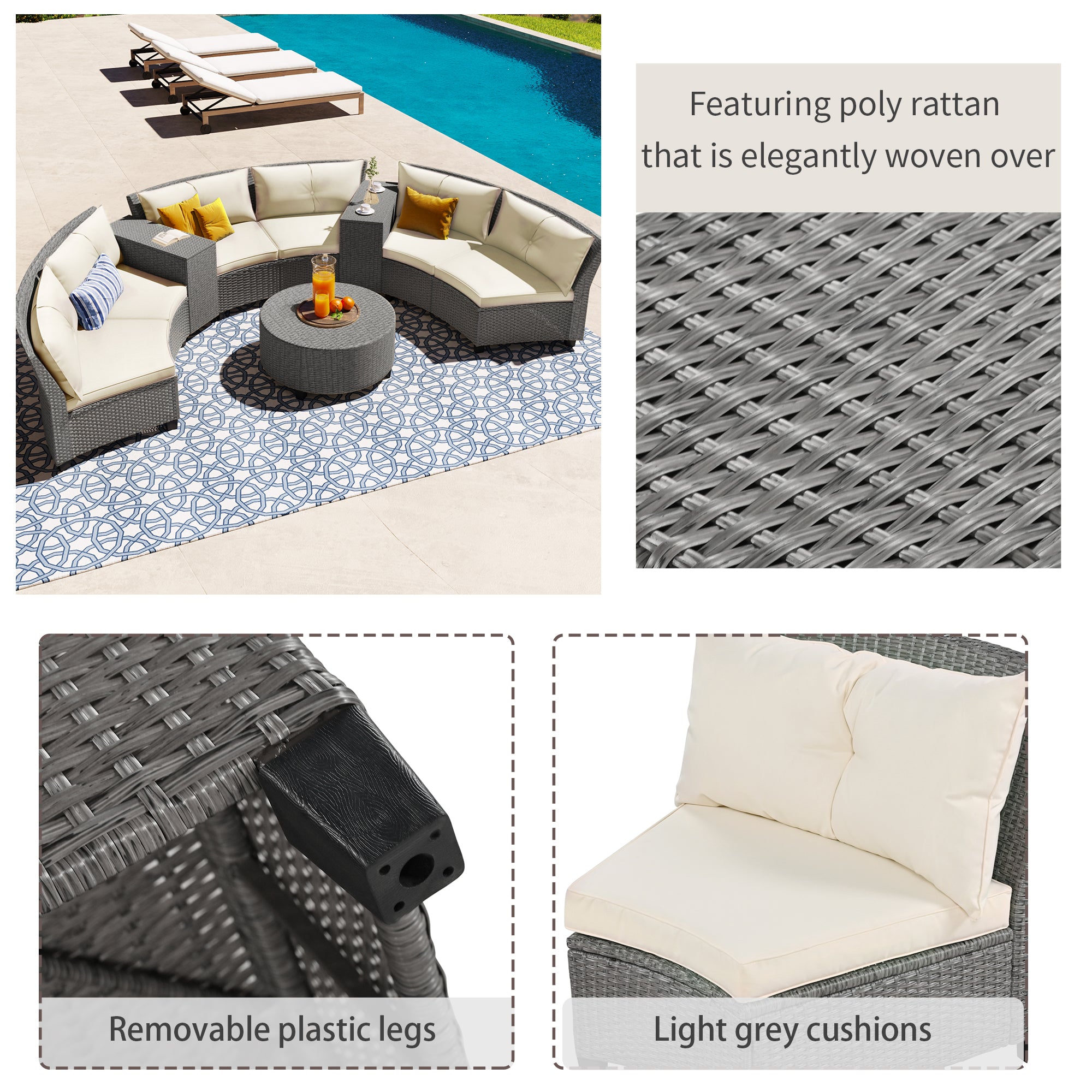 6 Piece Outdoor Fan-shaped Rattan Suit Combination with Cushions and Table