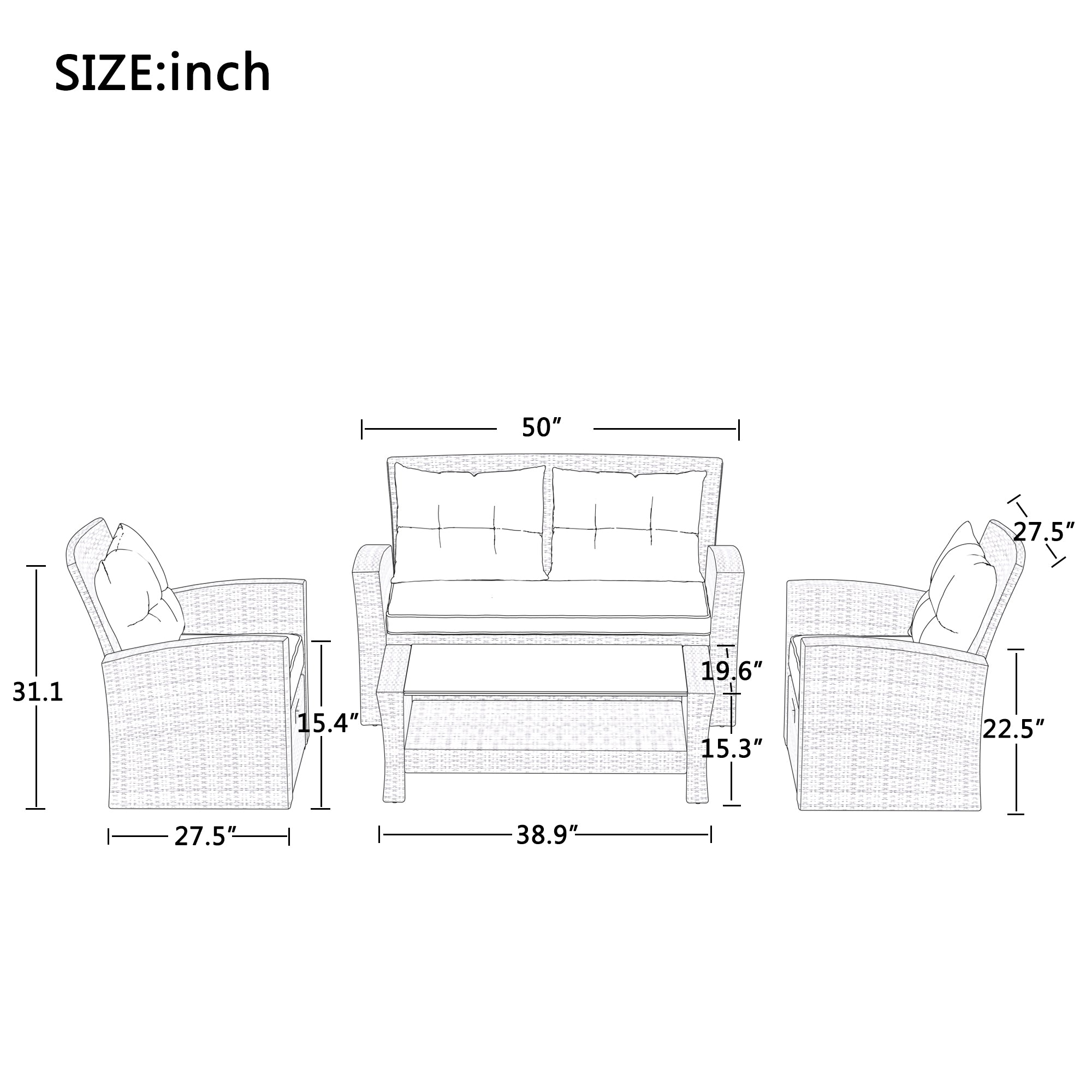 4 Piece Outdoor Rattan Conversation Set All Weather Wicker Sectional Sofa with Ottoman and Cushions