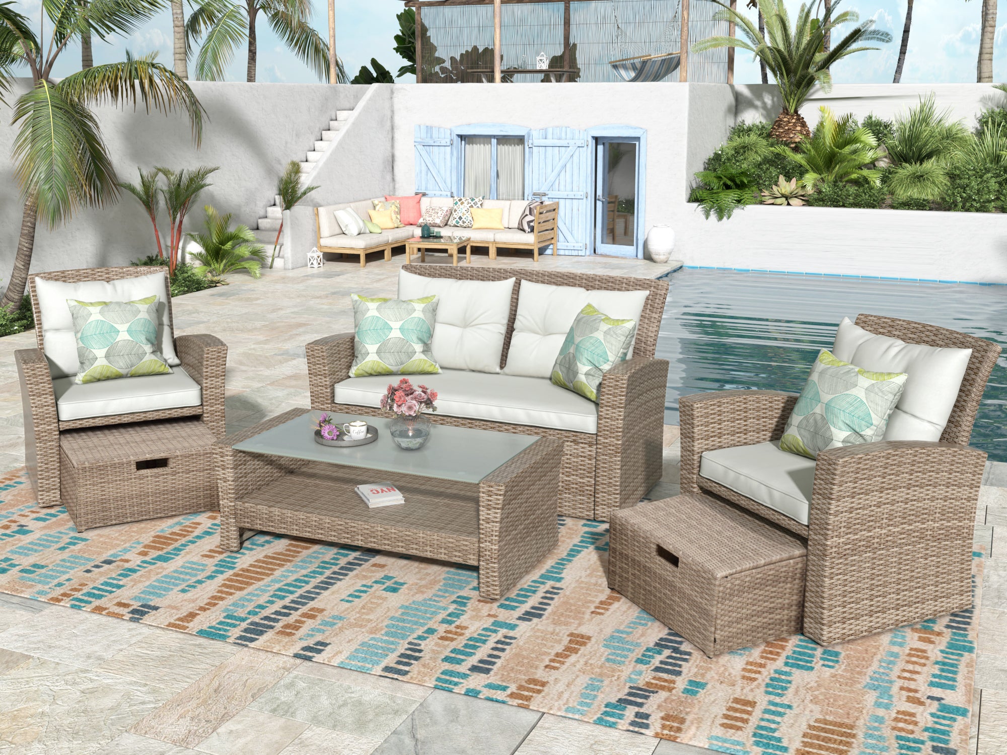 4 Piece Outdoor Rattan Conversation Set All Weather Wicker Sectional Sofa with Ottoman and Cushions