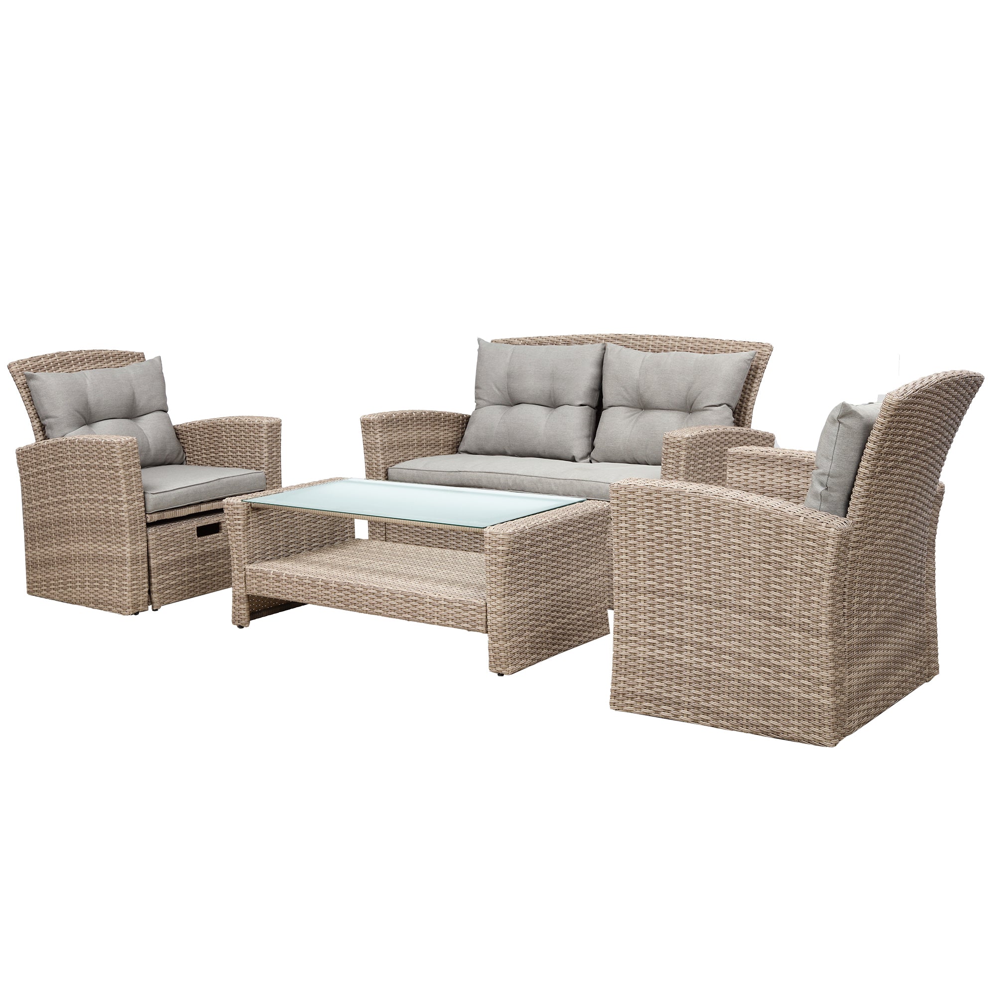 4 Piece Outdoor Rattan Conversation Set All Weather Wicker Sectional Sofa with Ottoman and Cushions