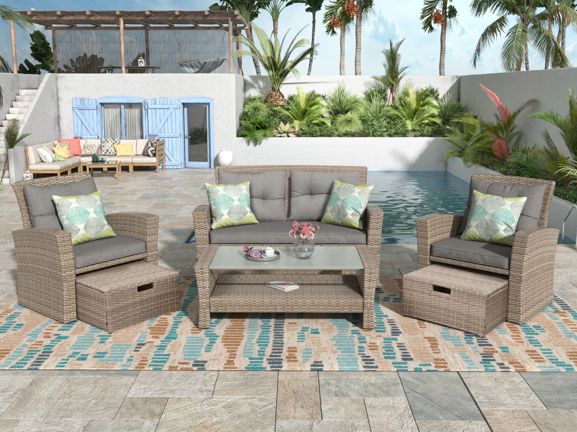 4 Piece Outdoor Rattan Conversation Set All Weather Wicker Sectional Sofa with Ottoman and Cushions