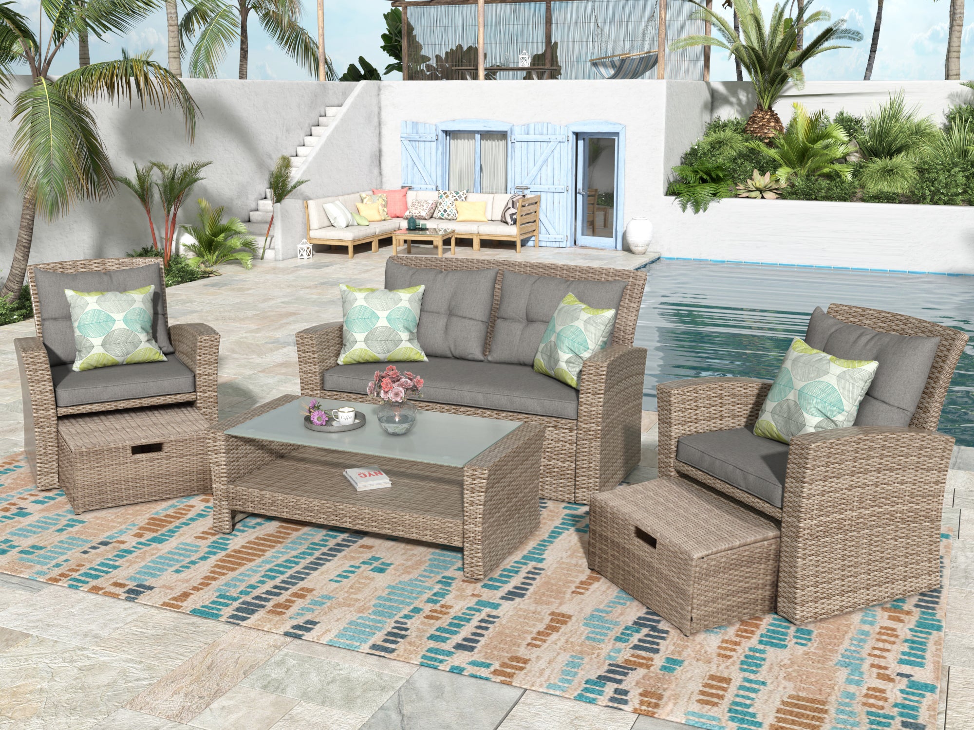 4 Piece Outdoor Rattan Conversation Set All Weather Wicker Sectional Sofa with Ottoman and Cushions