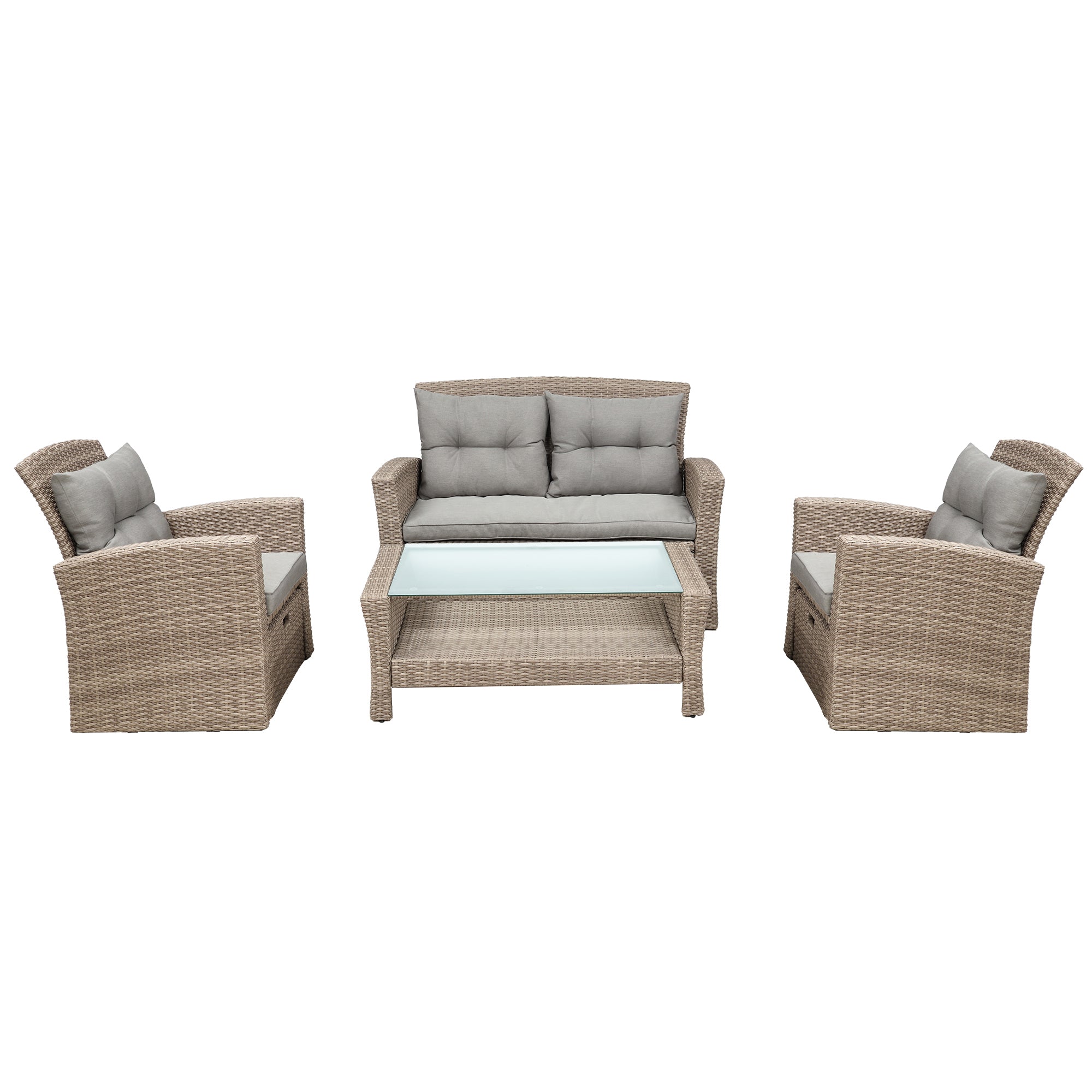 4 Piece Outdoor Rattan Conversation Set All Weather Wicker Sectional Sofa with Ottoman and Cushions