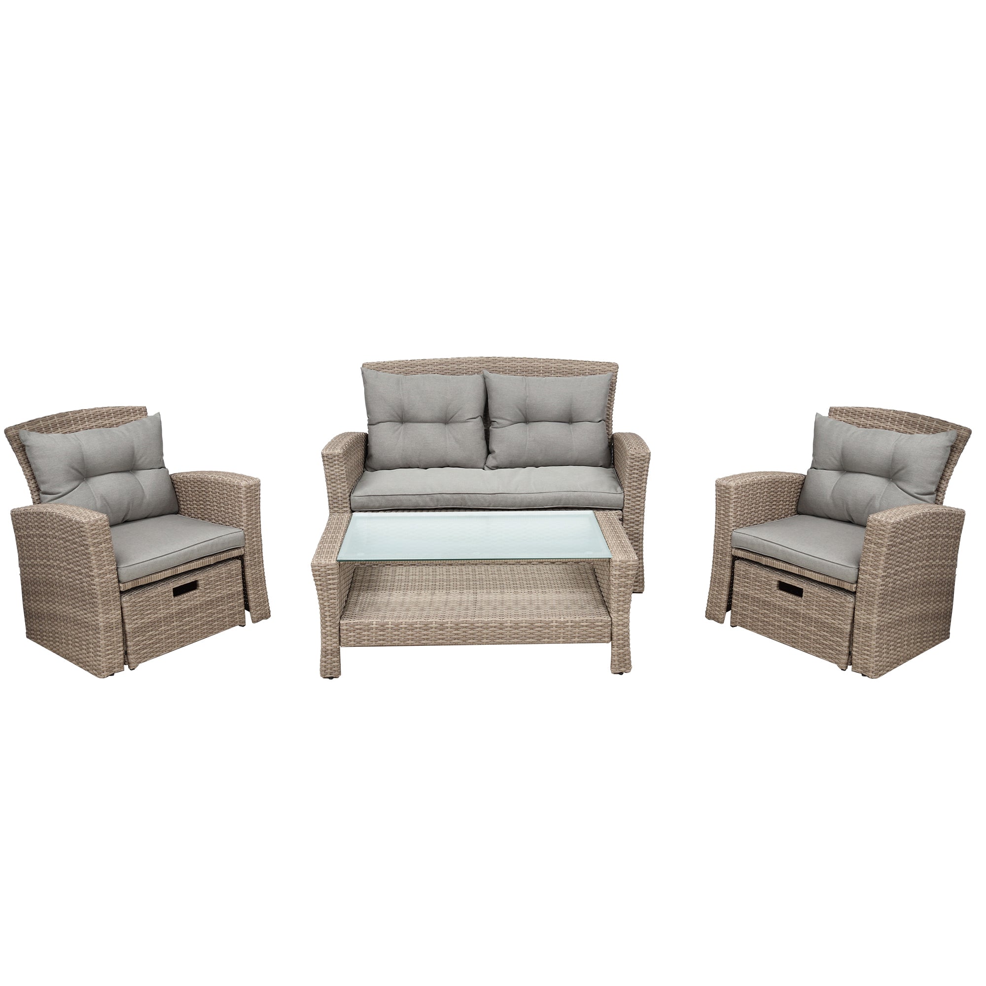 4 Piece Outdoor Rattan Conversation Set All Weather Wicker Sectional Sofa with Ottoman and Cushions