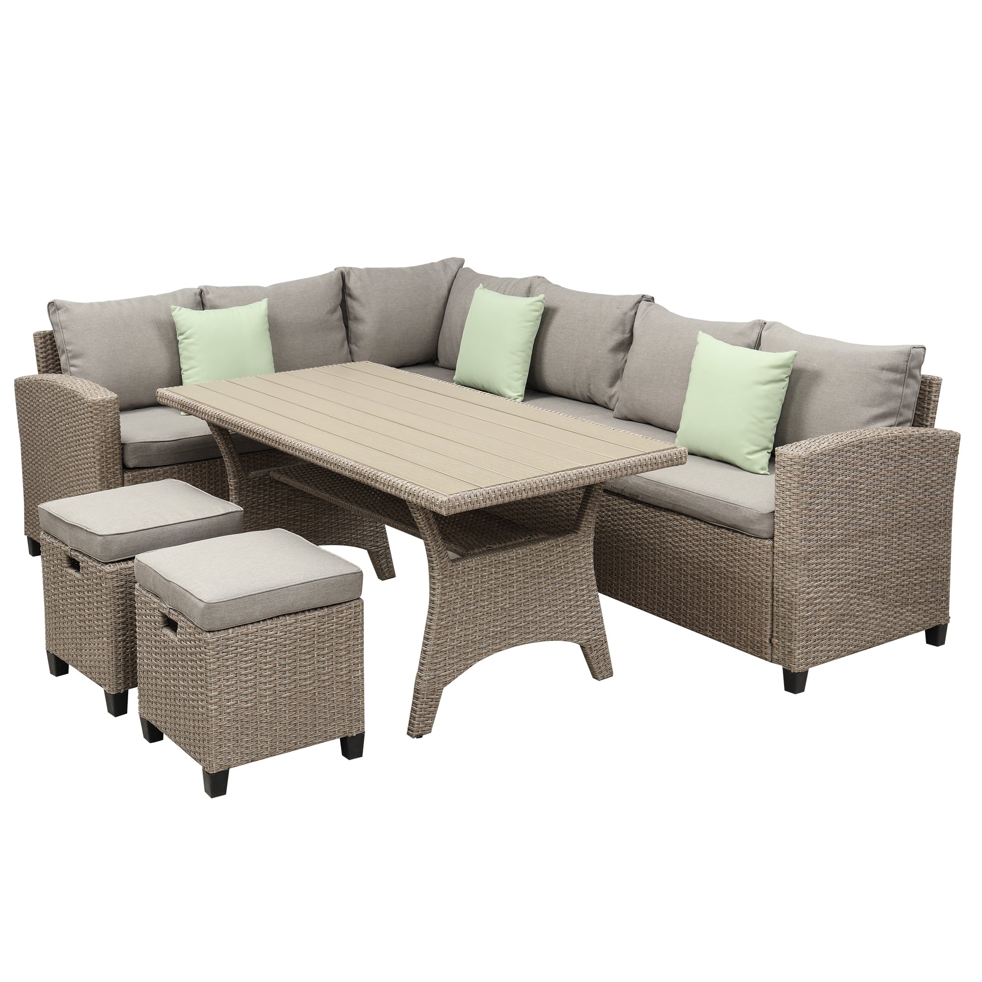 5 Piece Outdoor Rattan Conversation Set, Dining Table Chair with Ottoman and Throw Pillows