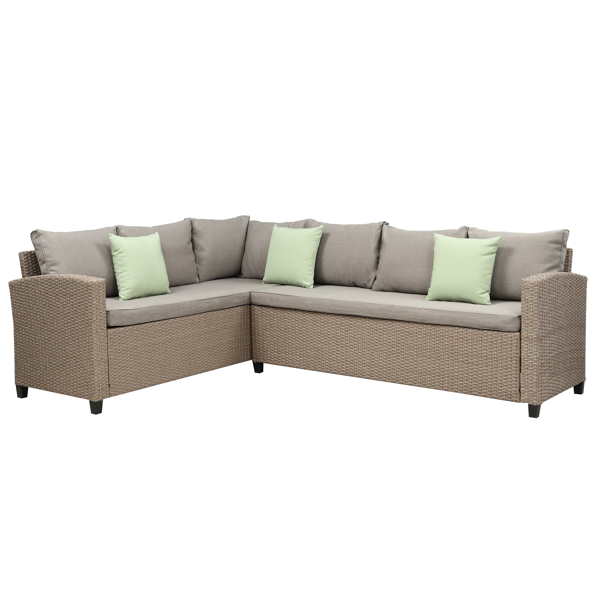 5 Piece Outdoor Rattan Conversation Set, Dining Table Chair with Ottoman and Throw Pillows