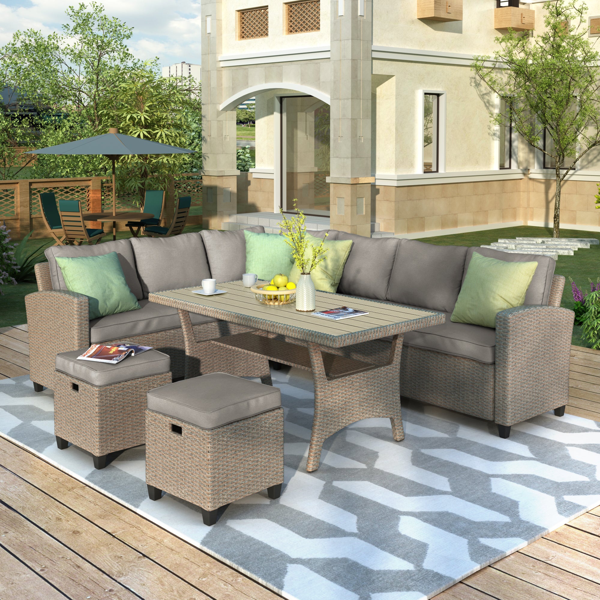 5 Piece Outdoor Rattan Conversation Set, Dining Table Chair with Ottoman and Throw Pillows