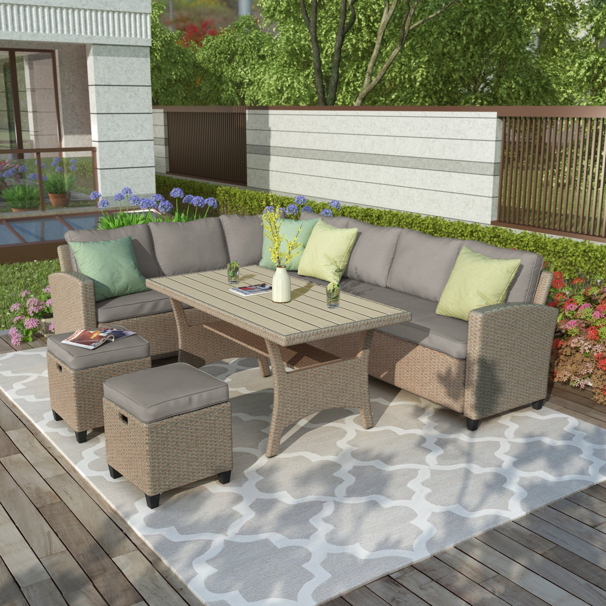 5 Piece Outdoor Rattan Conversation Set, Dining Table Chair with Ottoman and Throw Pillows