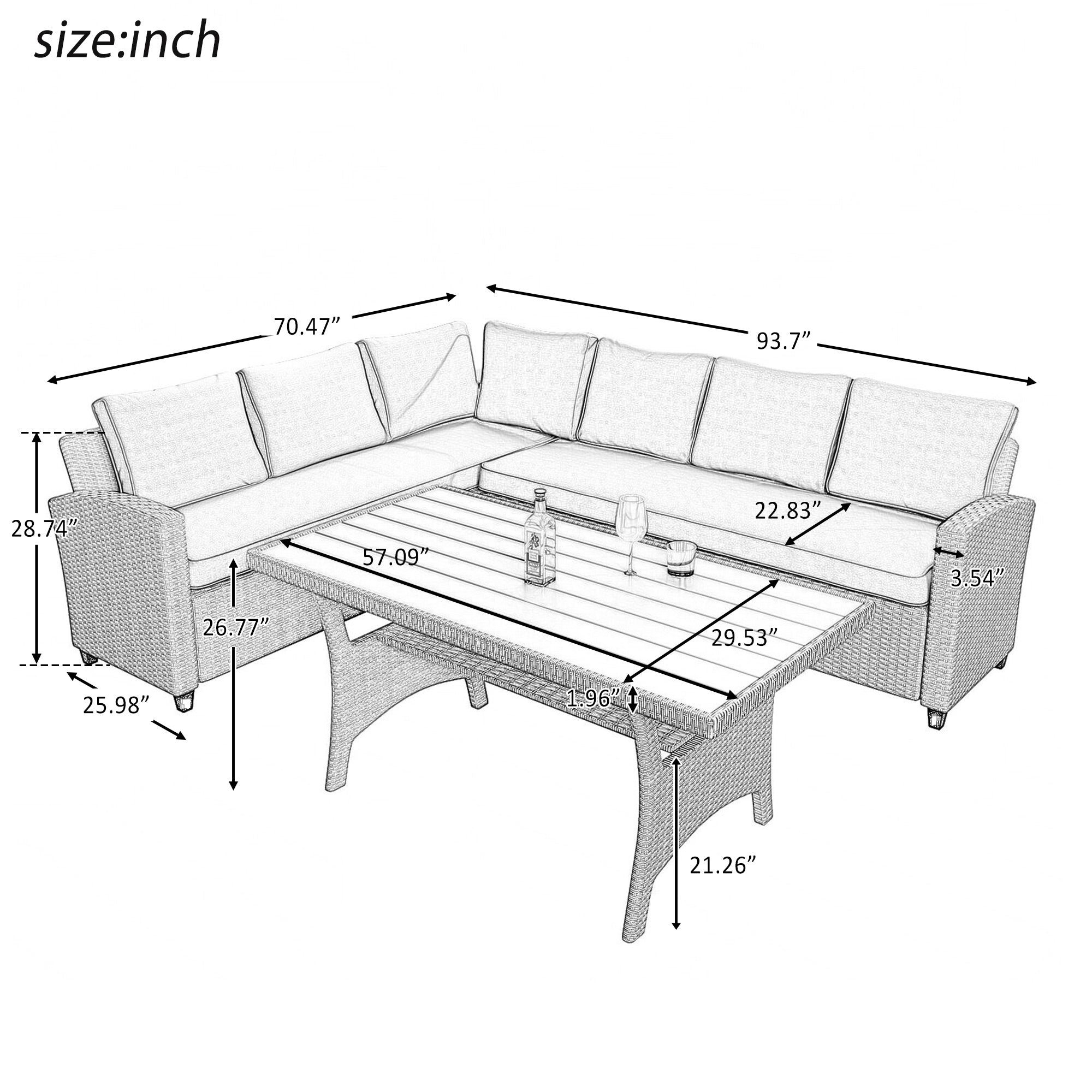 5 Piece Outdoor Rattan Conversation Set, Dining Table Chair with Ottoman and Throw Pillows