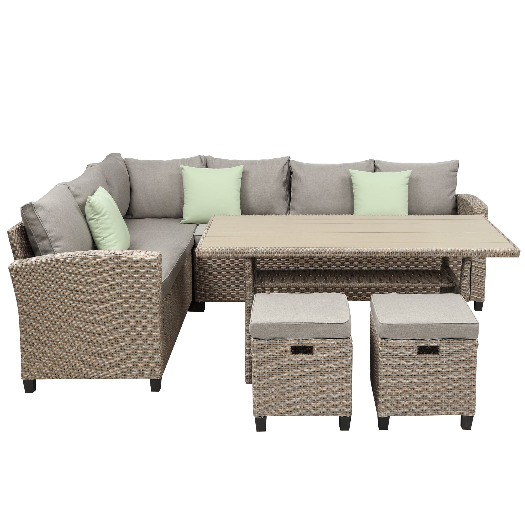 5 Piece Outdoor Rattan Conversation Set, Dining Table Chair with Ottoman and Throw Pillows