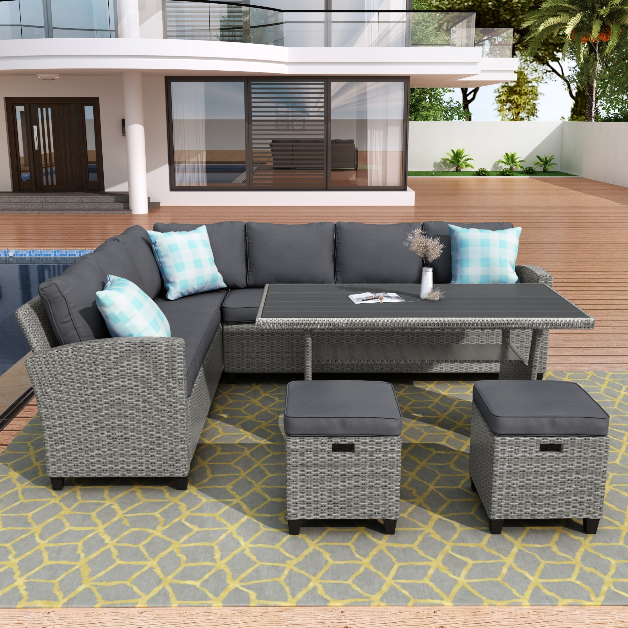 5 Piece Outdoor Rattan Conversation Set, Dining Table Chair with Ottoman and Throw Pillows
