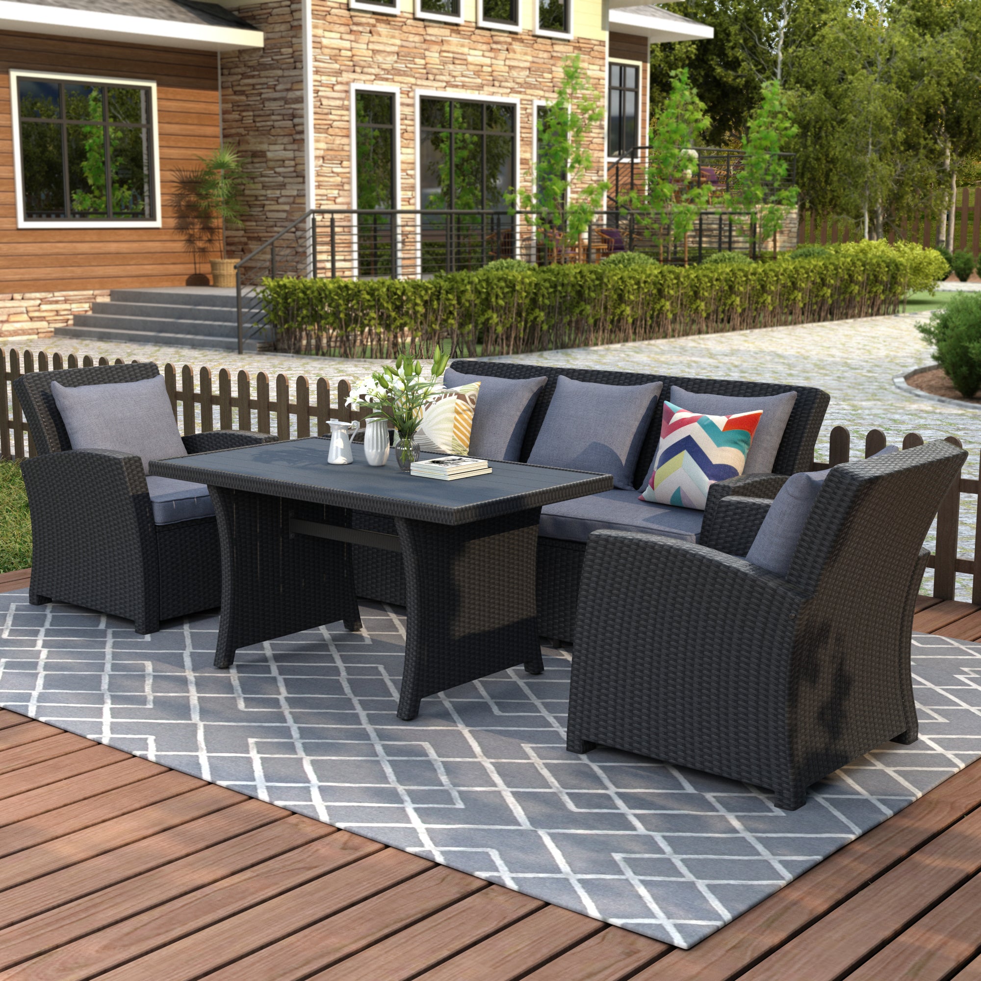 4 Piece Outdoor Rattan Conversation Set Black Wicker Furniture Sofa Set with Dark Grey Cushions