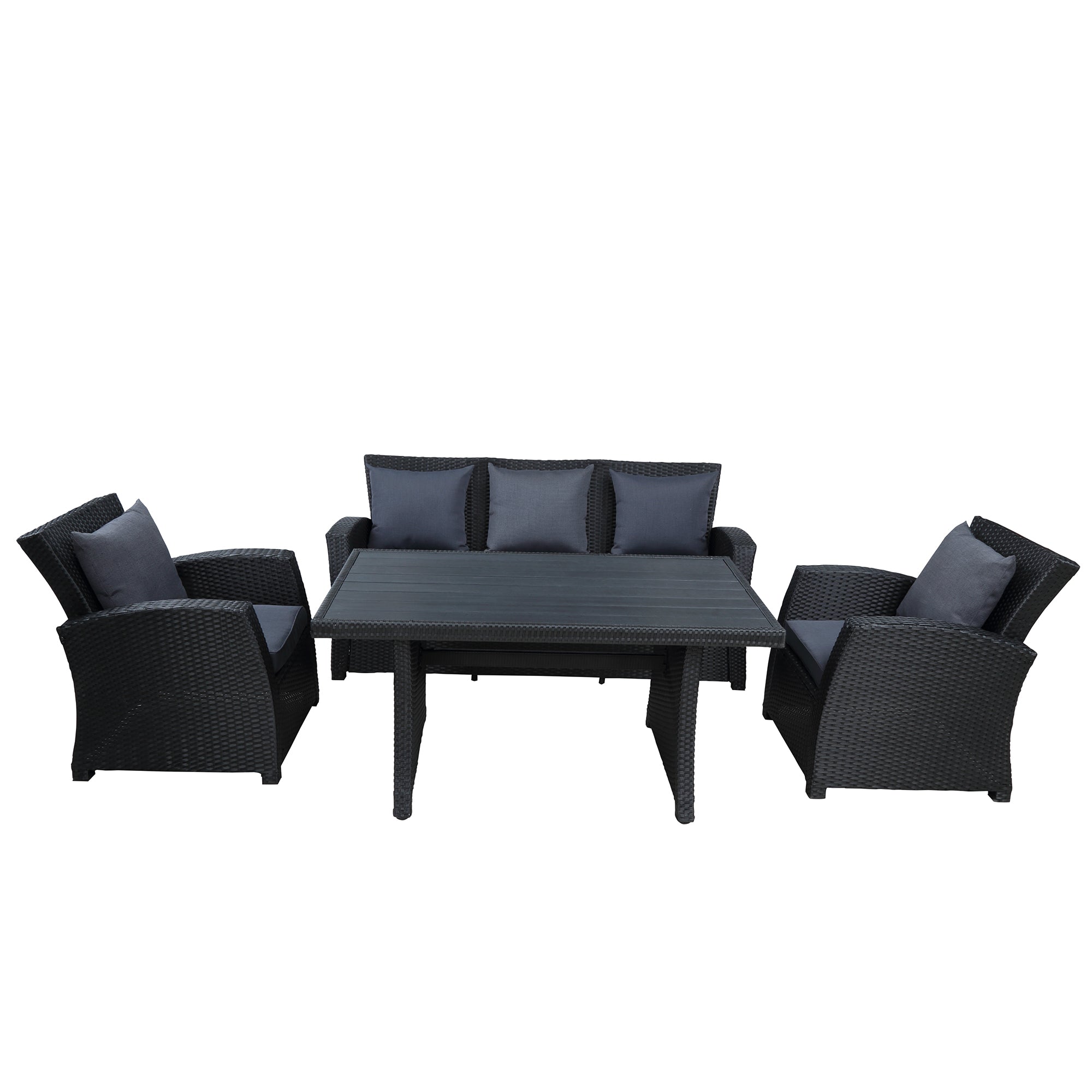 4 Piece Outdoor Rattan Conversation Set Black Wicker Furniture Sofa Set with Dark Grey Cushions