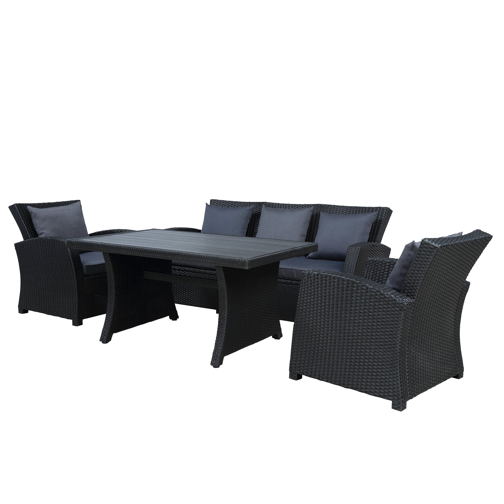 4 Piece Outdoor Rattan Conversation Set Black Wicker Furniture Sofa Set with Dark Grey Cushions