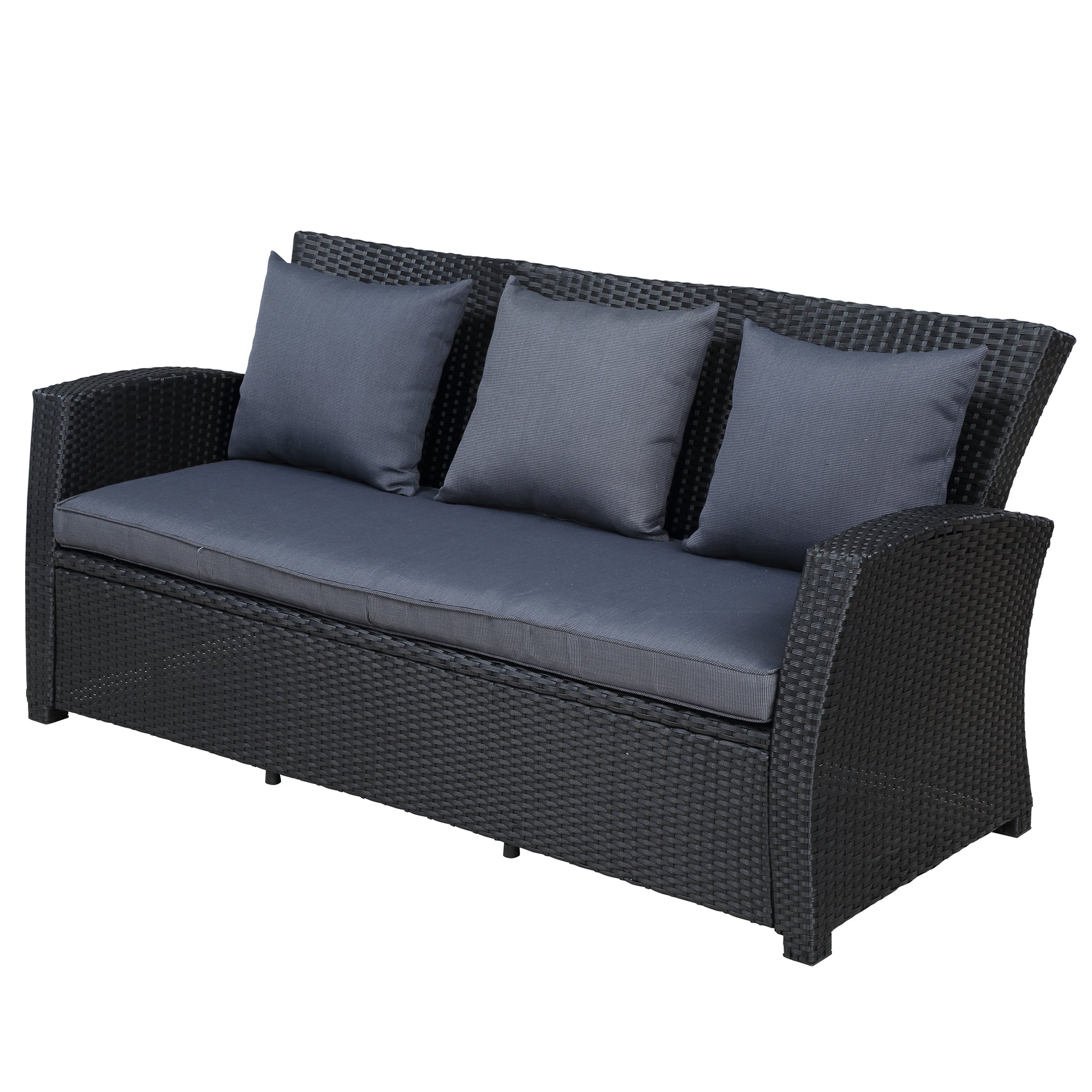 4 Piece Outdoor Rattan Conversation Set Black Wicker Furniture Sofa Set with Dark Grey Cushions