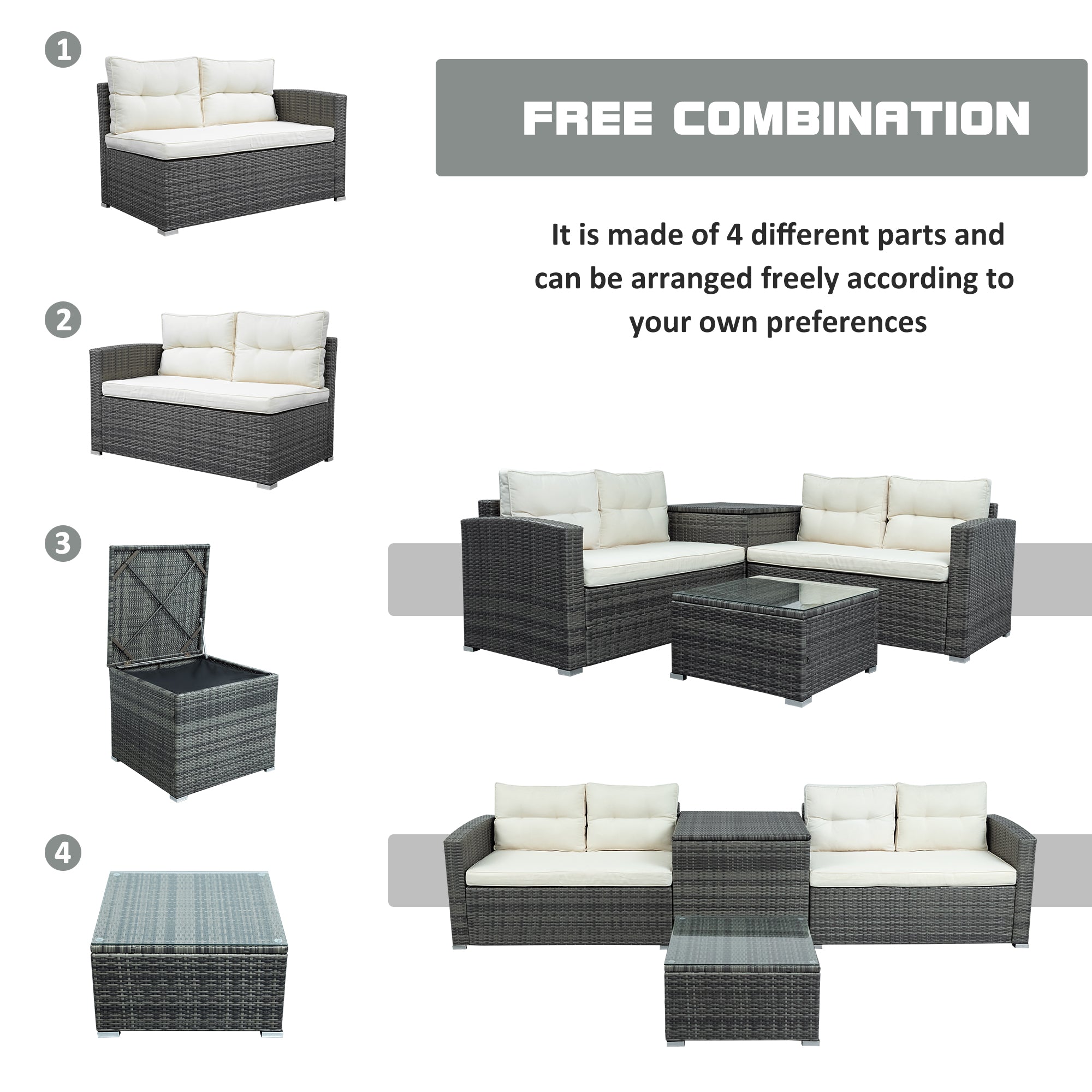 44.8" Outdoor Rattan Furniture Sofa Set with Large Storage Box