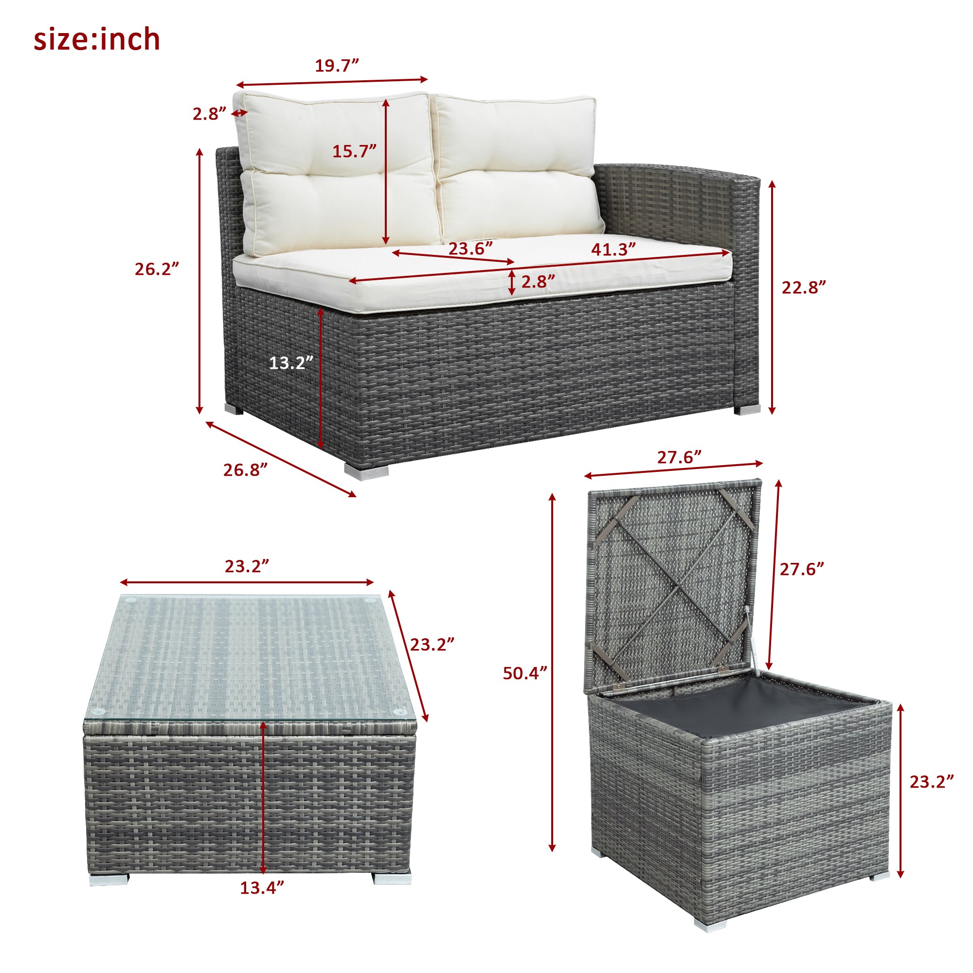 44.8" Outdoor Rattan Furniture Sofa Set with Large Storage Box
