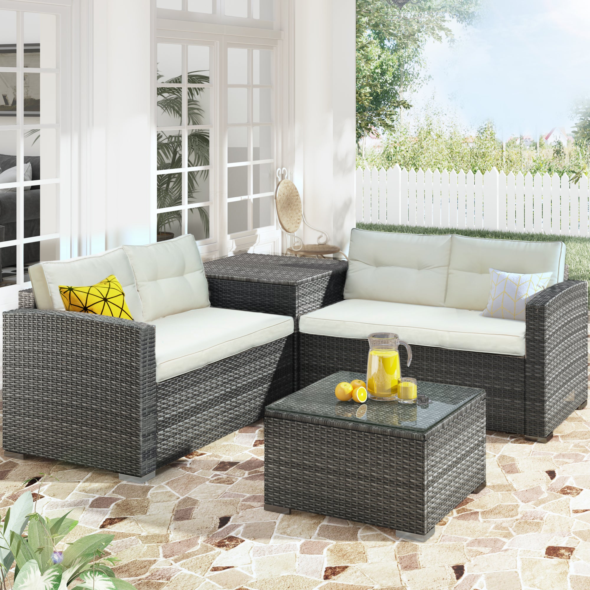 44.8" Outdoor Rattan Furniture Sofa Set with Large Storage Box