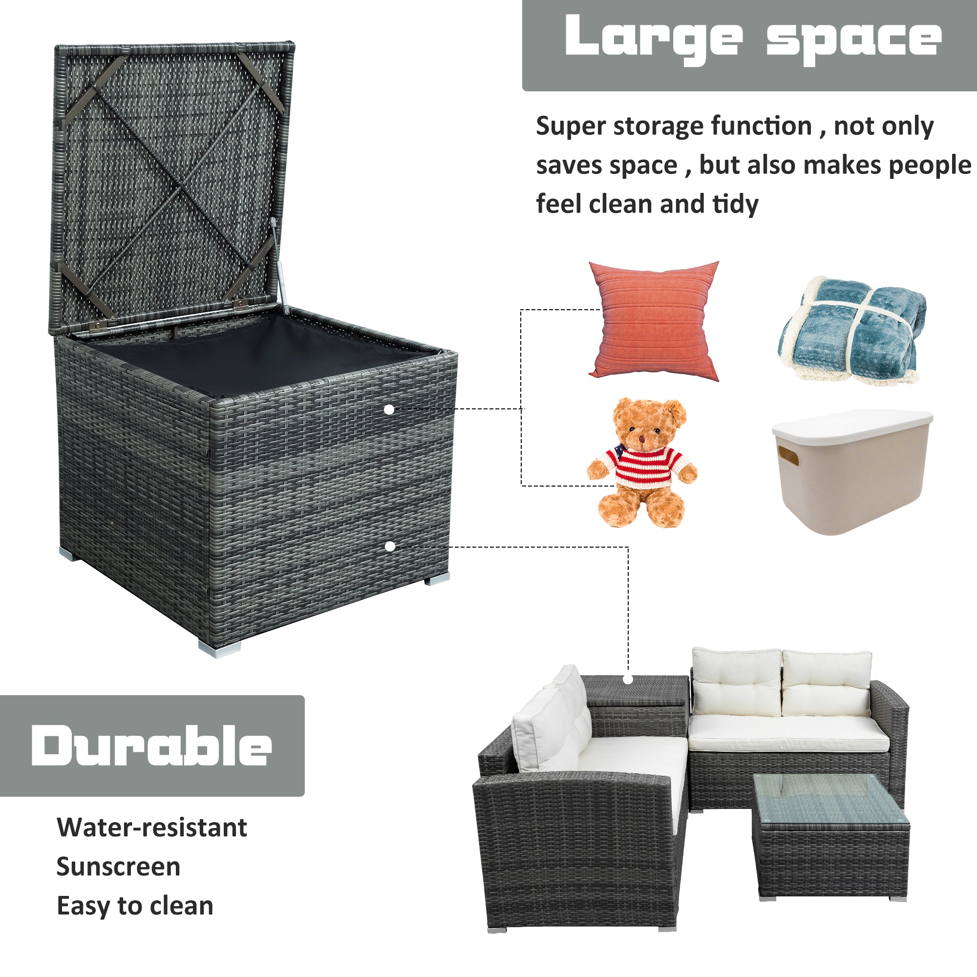 44.8" Outdoor Rattan Furniture Sofa Set with Large Storage Box