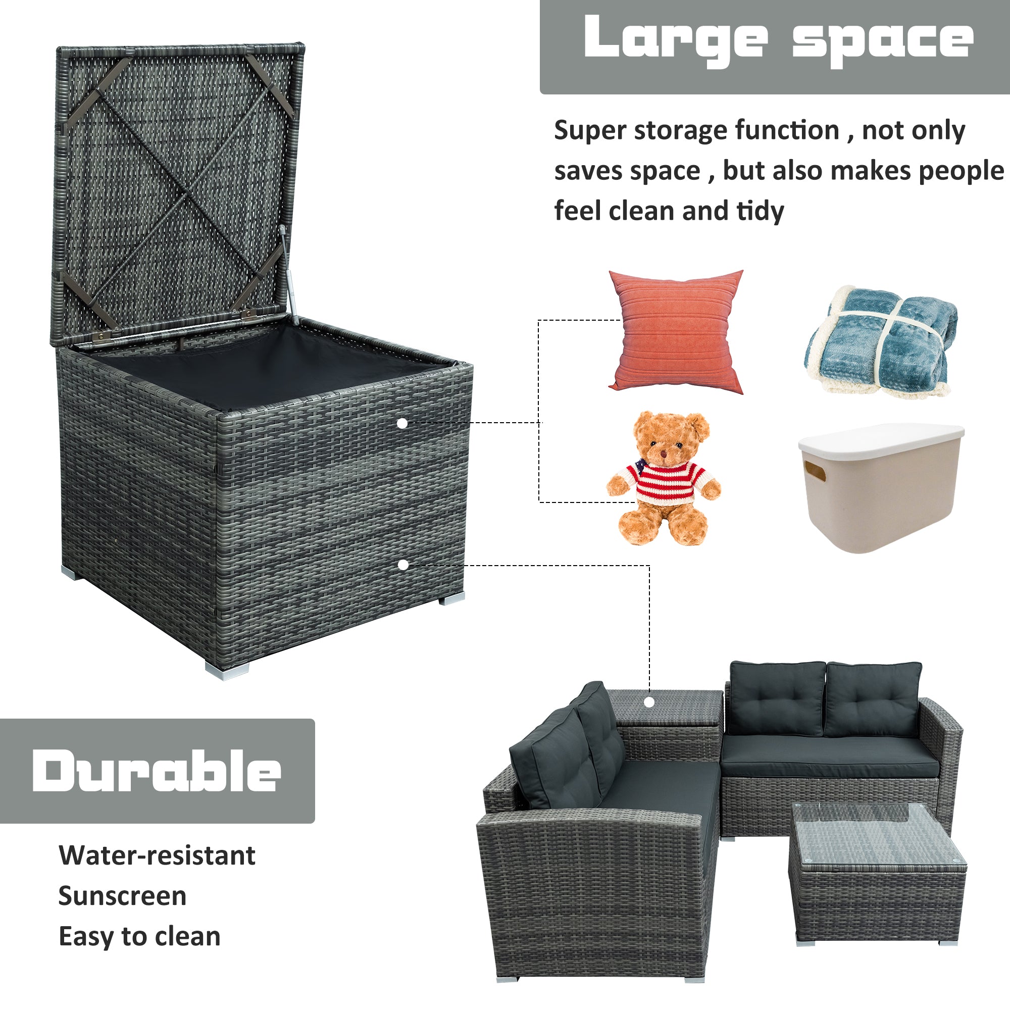 44.8" Outdoor Rattan Furniture Sofa Set with Large Storage Box