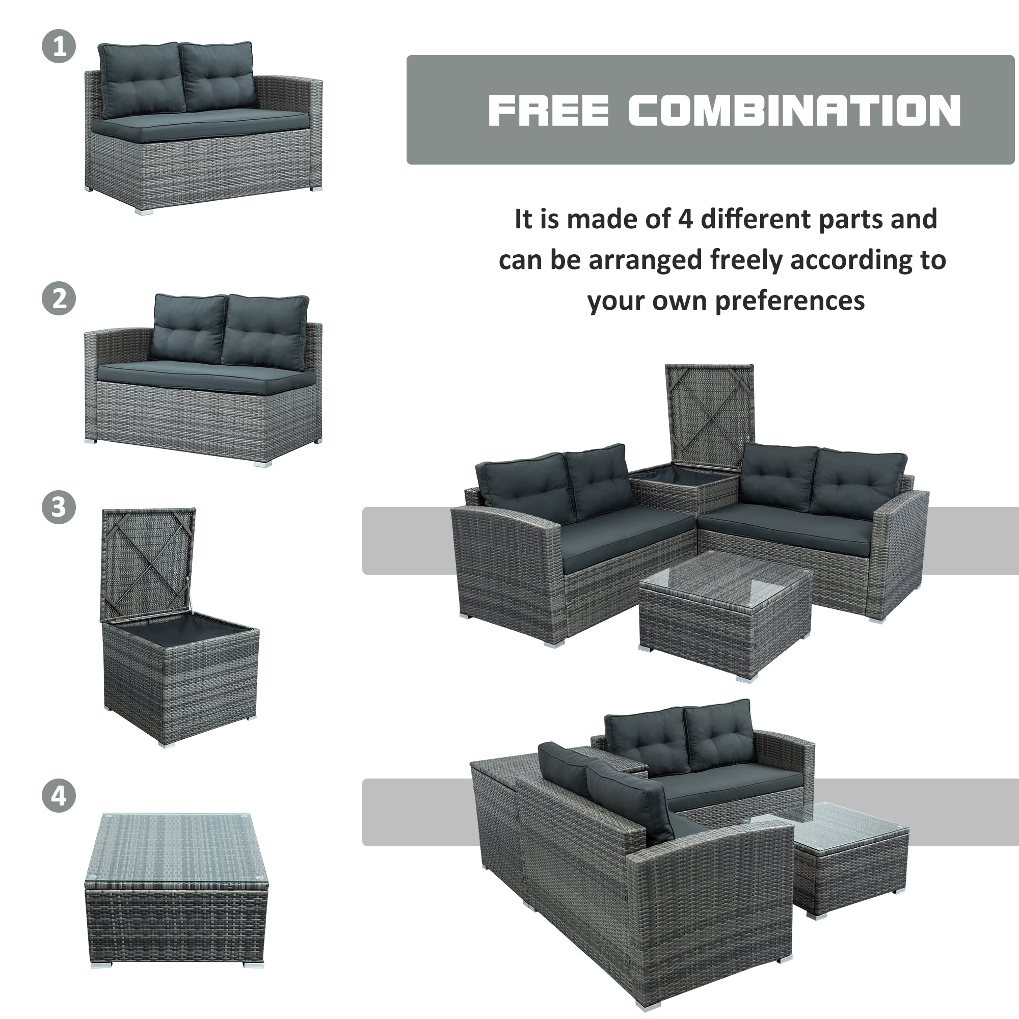 44.8" Outdoor Rattan Furniture Sofa Set with Large Storage Box