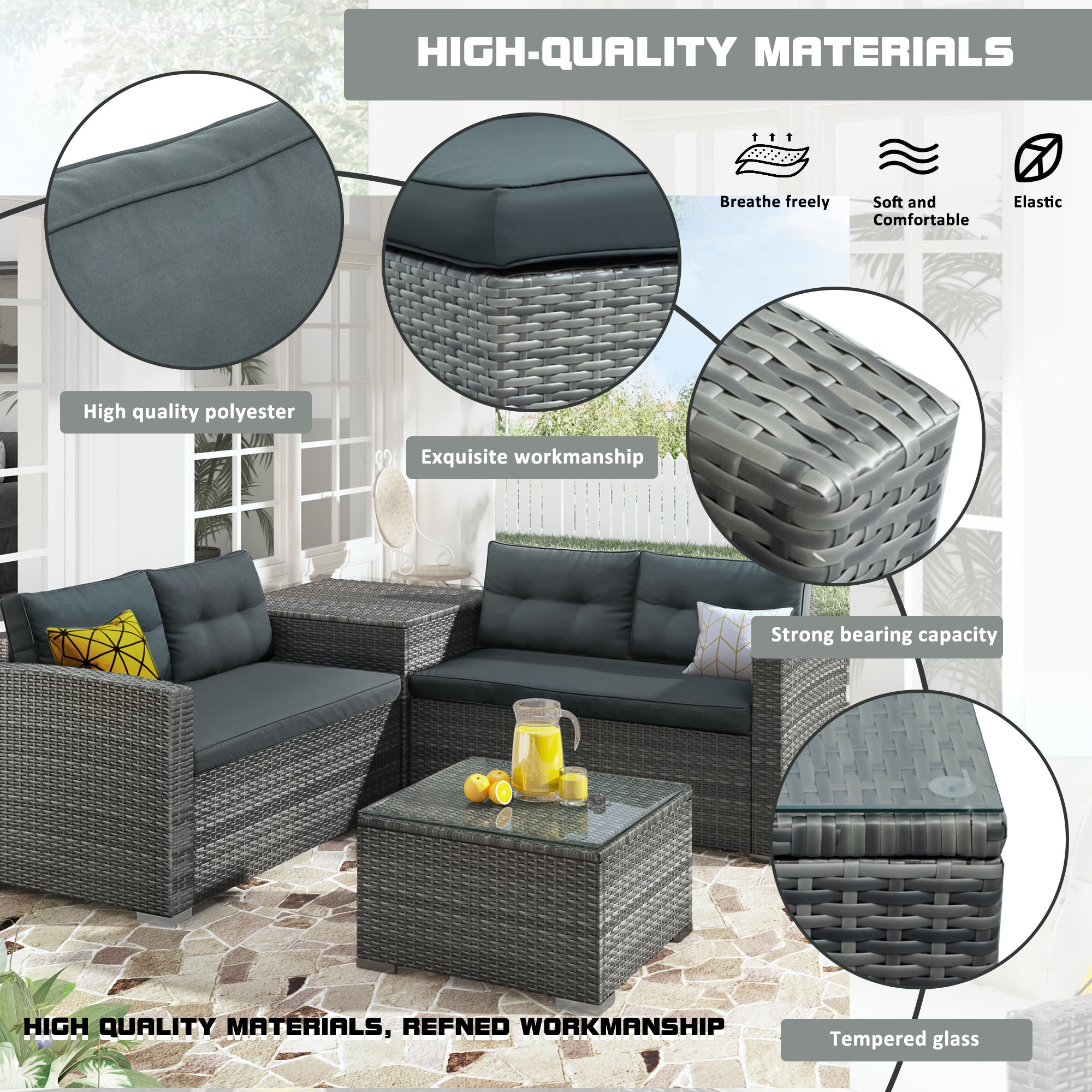 44.8" Outdoor Rattan Furniture Sofa Set with Large Storage Box