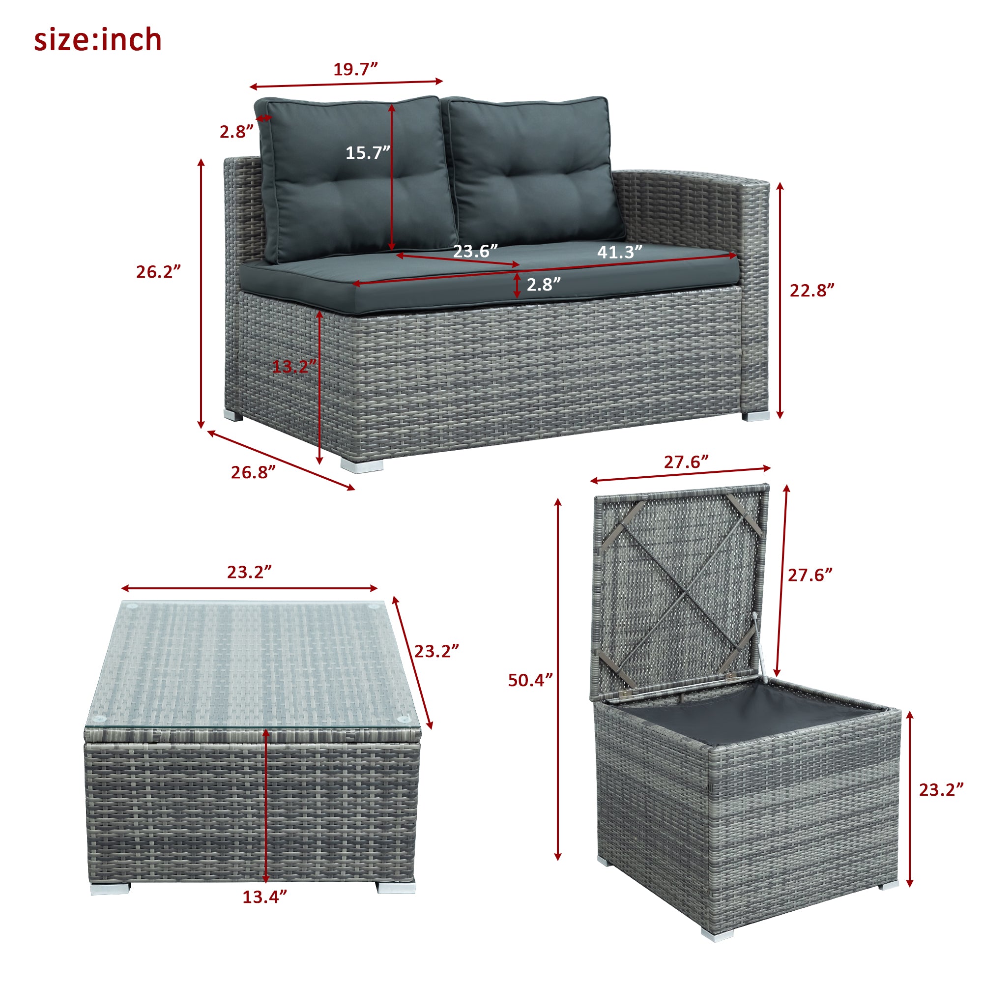 44.8" Outdoor Rattan Furniture Sofa Set with Large Storage Box