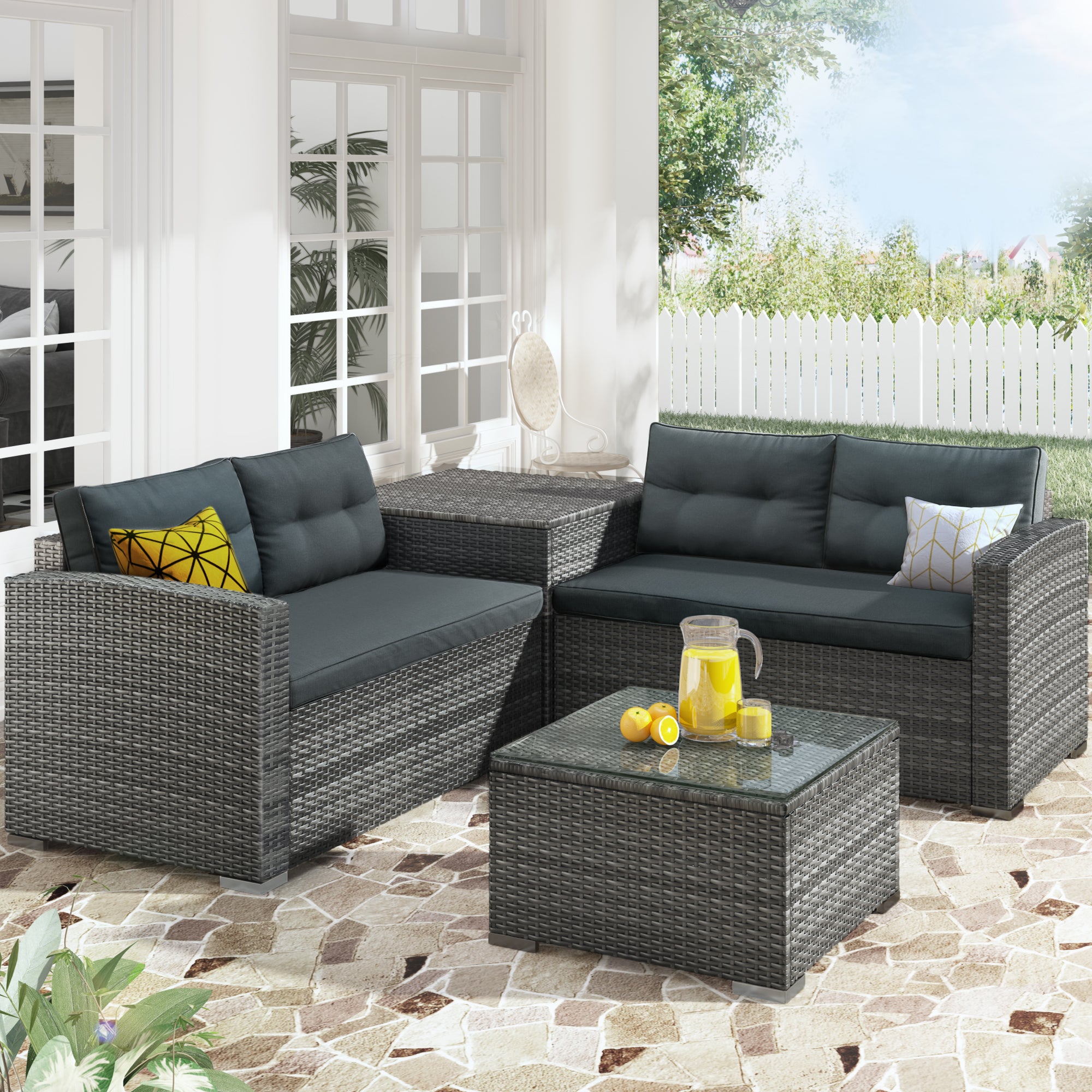 44.8" Outdoor Rattan Furniture Sofa Set with Large Storage Box